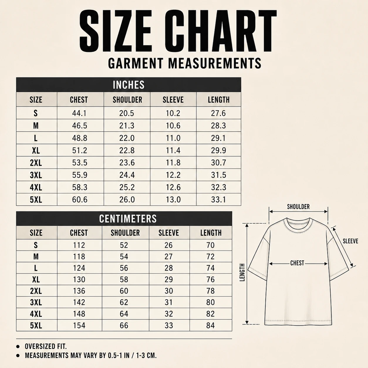 Men's oversized T-shirt size chart S to 5XL