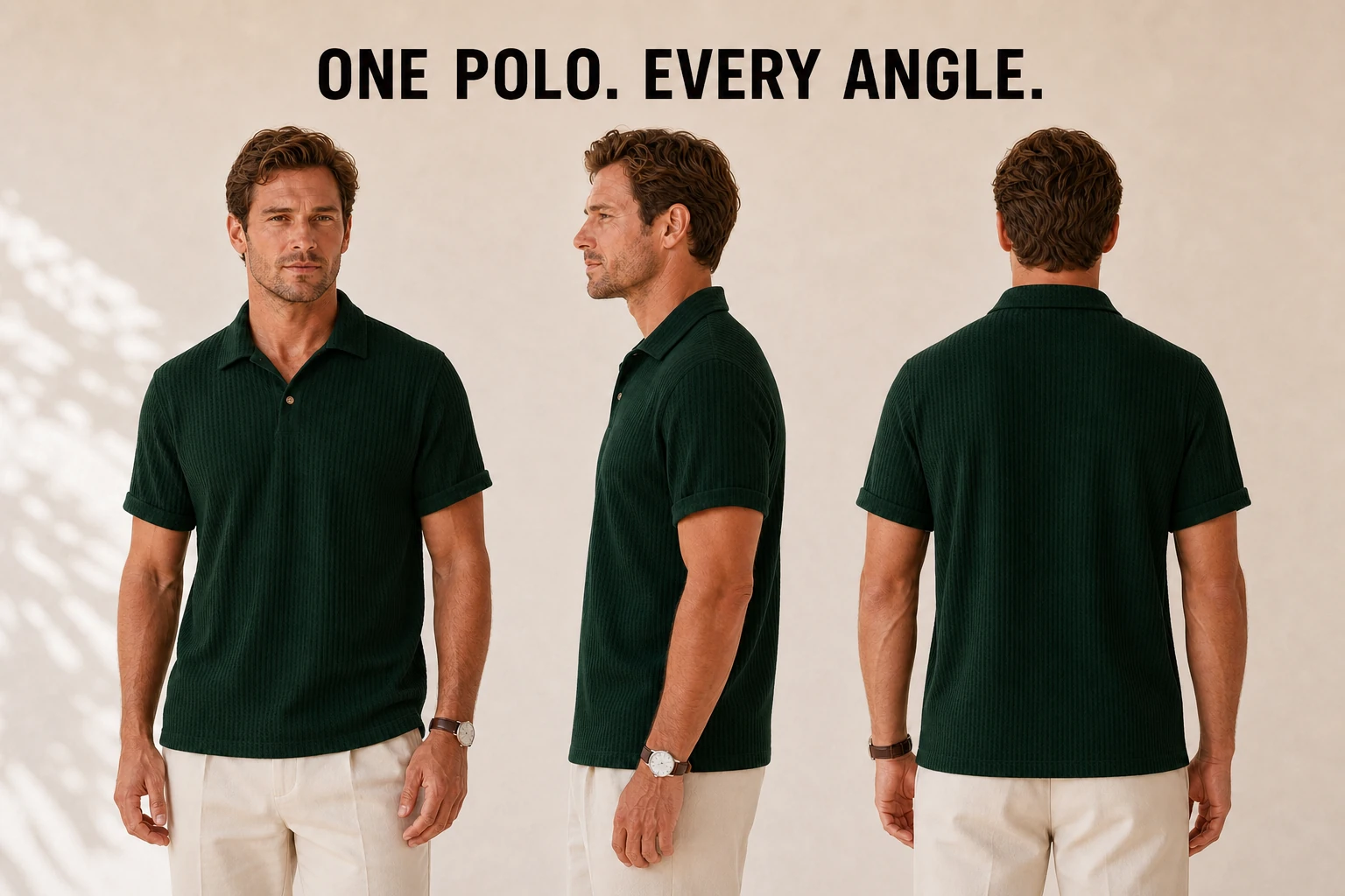Front side and back views of the jacquard knit polo shirt