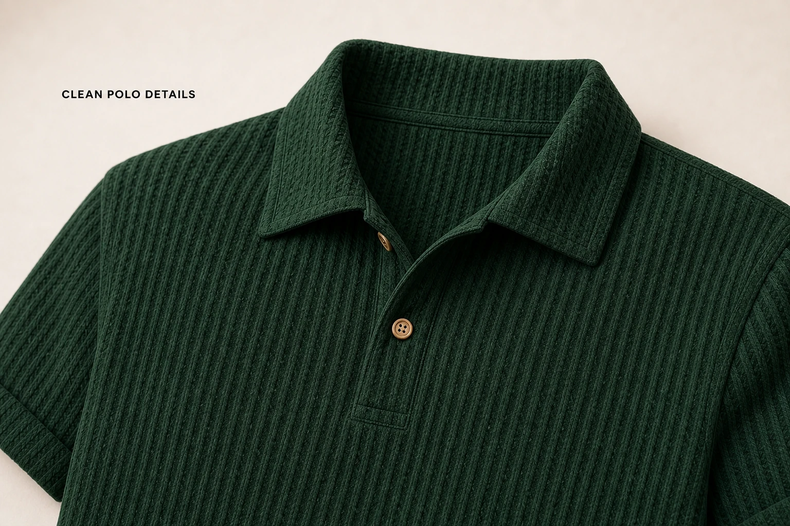 Polo collar placket and wood-tone button details