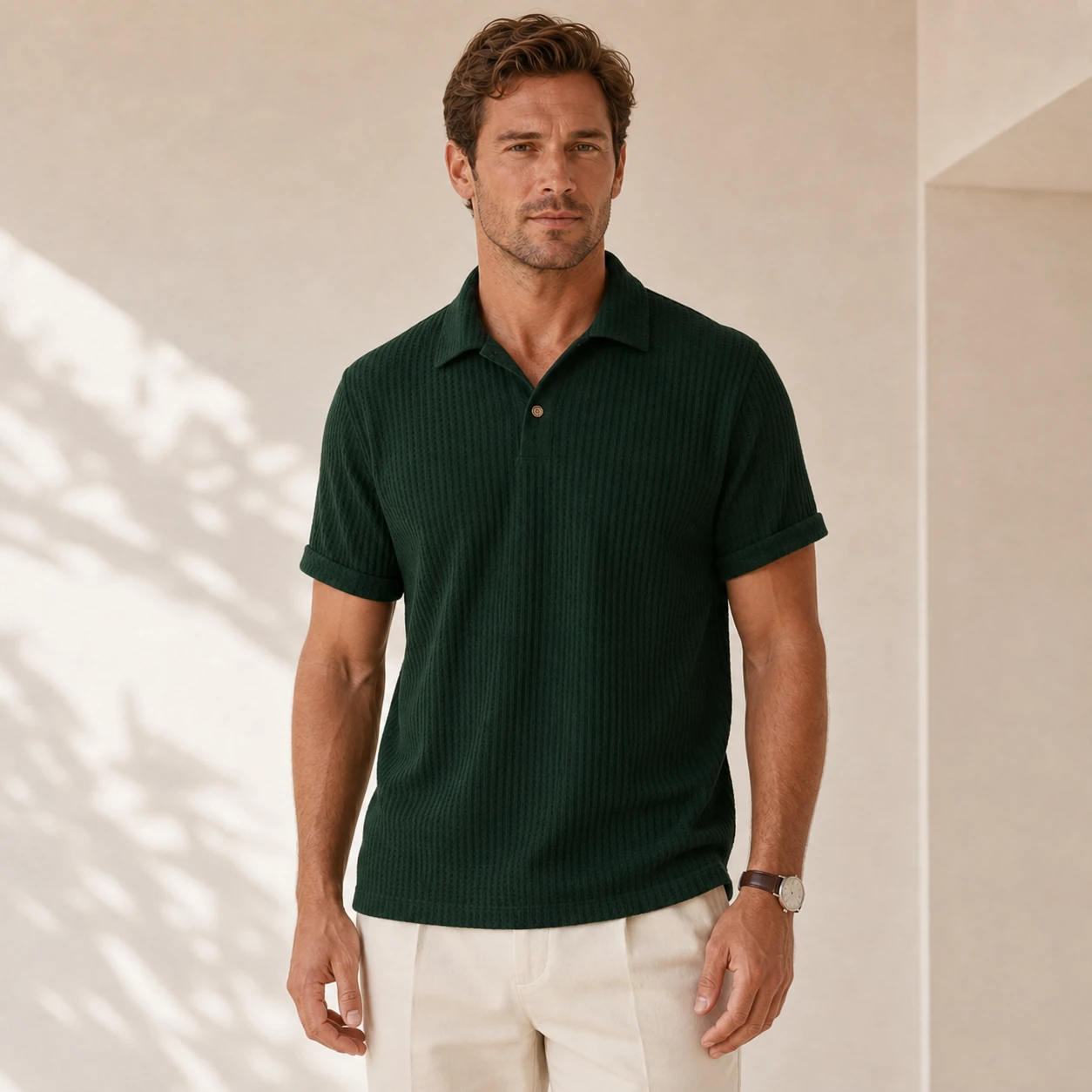 Front view of a men's dark green jacquard knit polo shirt