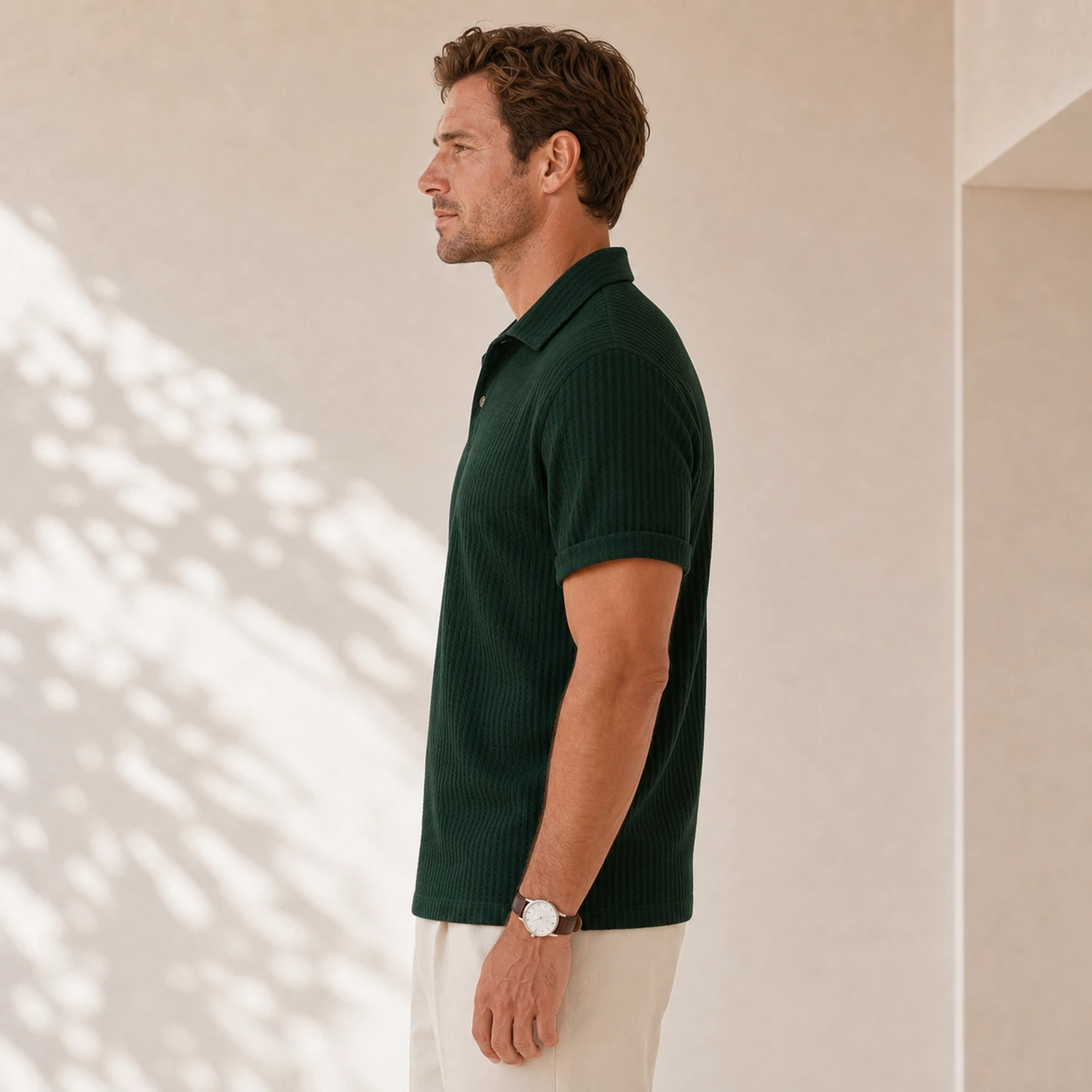 Side view of a men's dark green jacquard knit polo shirt