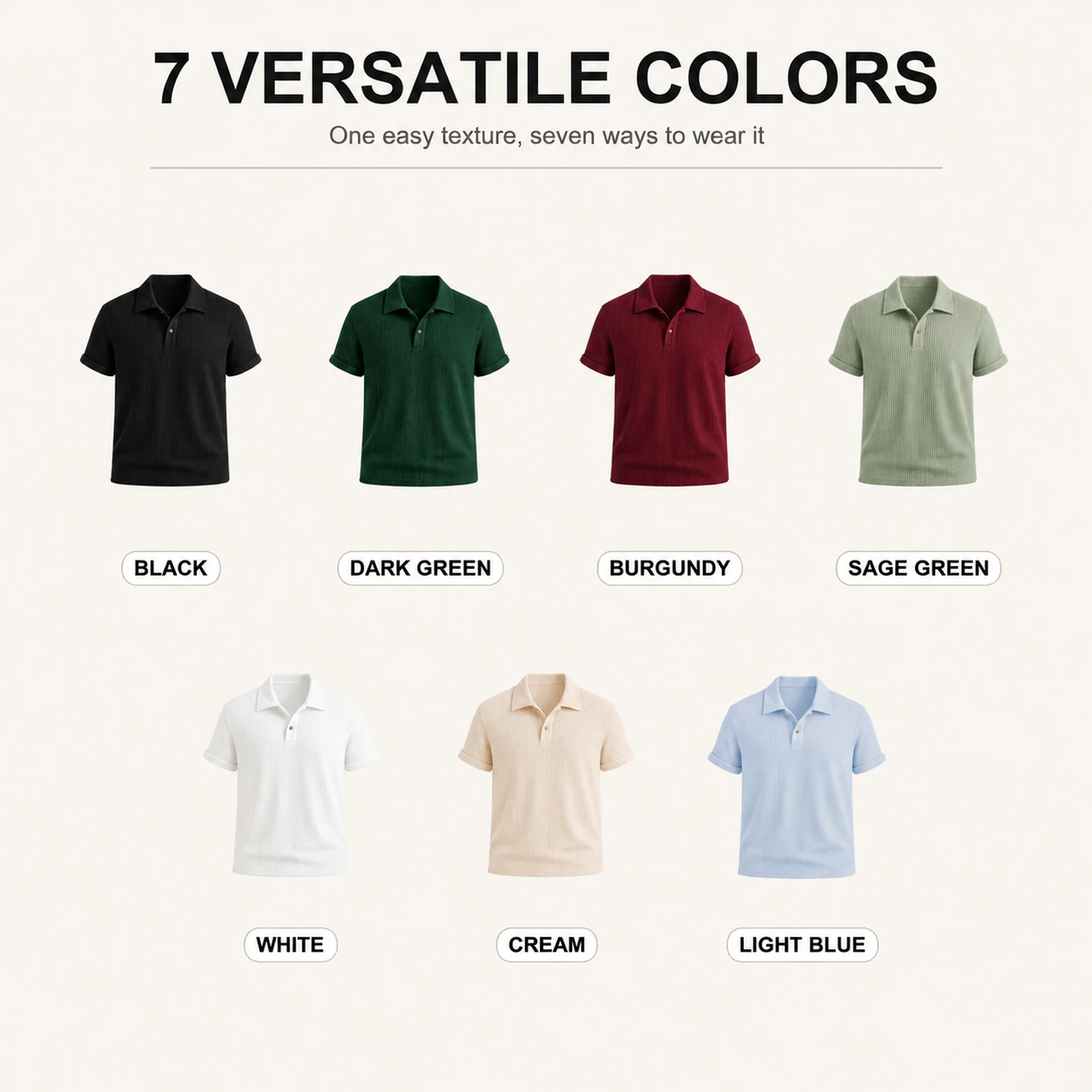 Seven available colors of the jacquard knit polo shirt