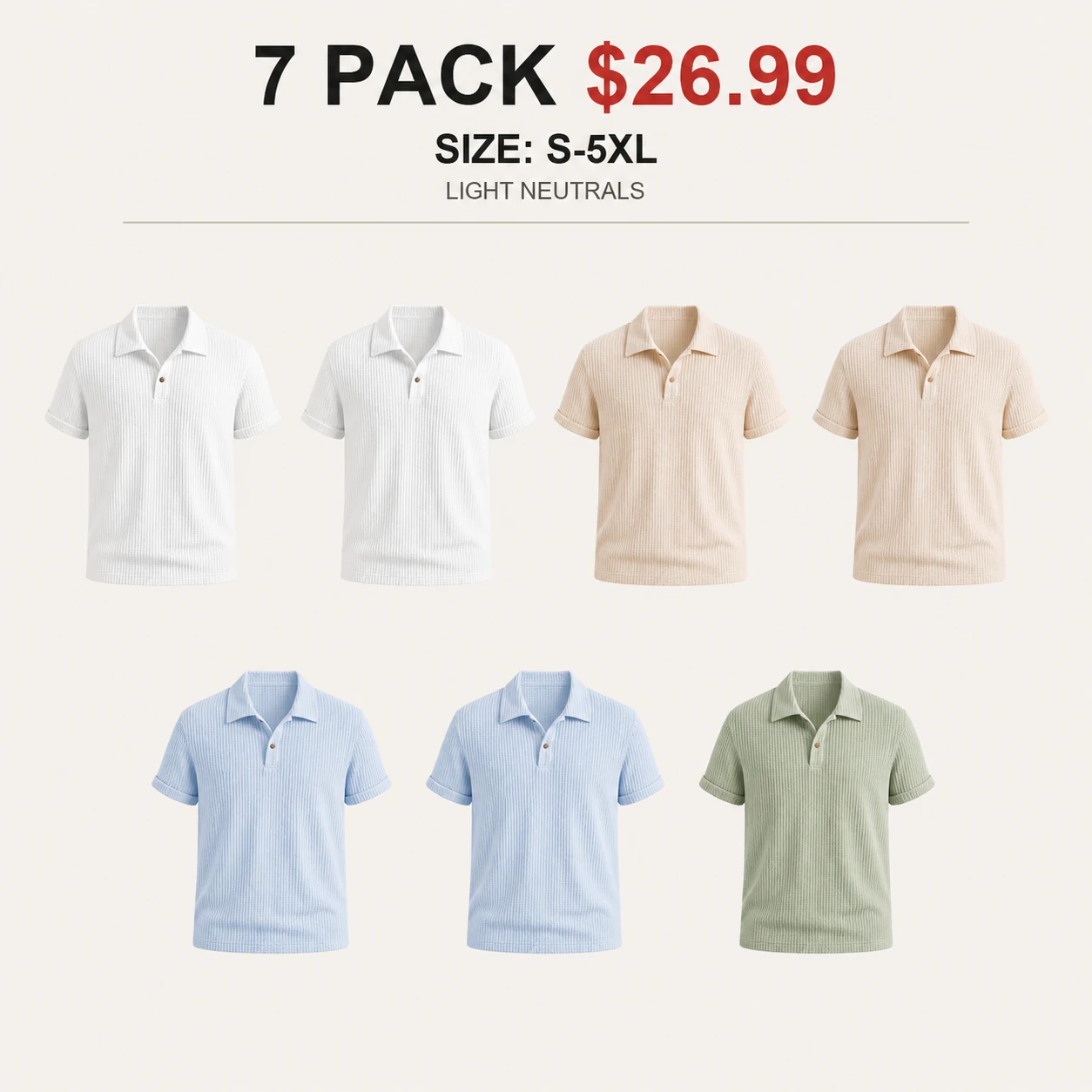 Seven-pack Light Neutrals polo shirt mix