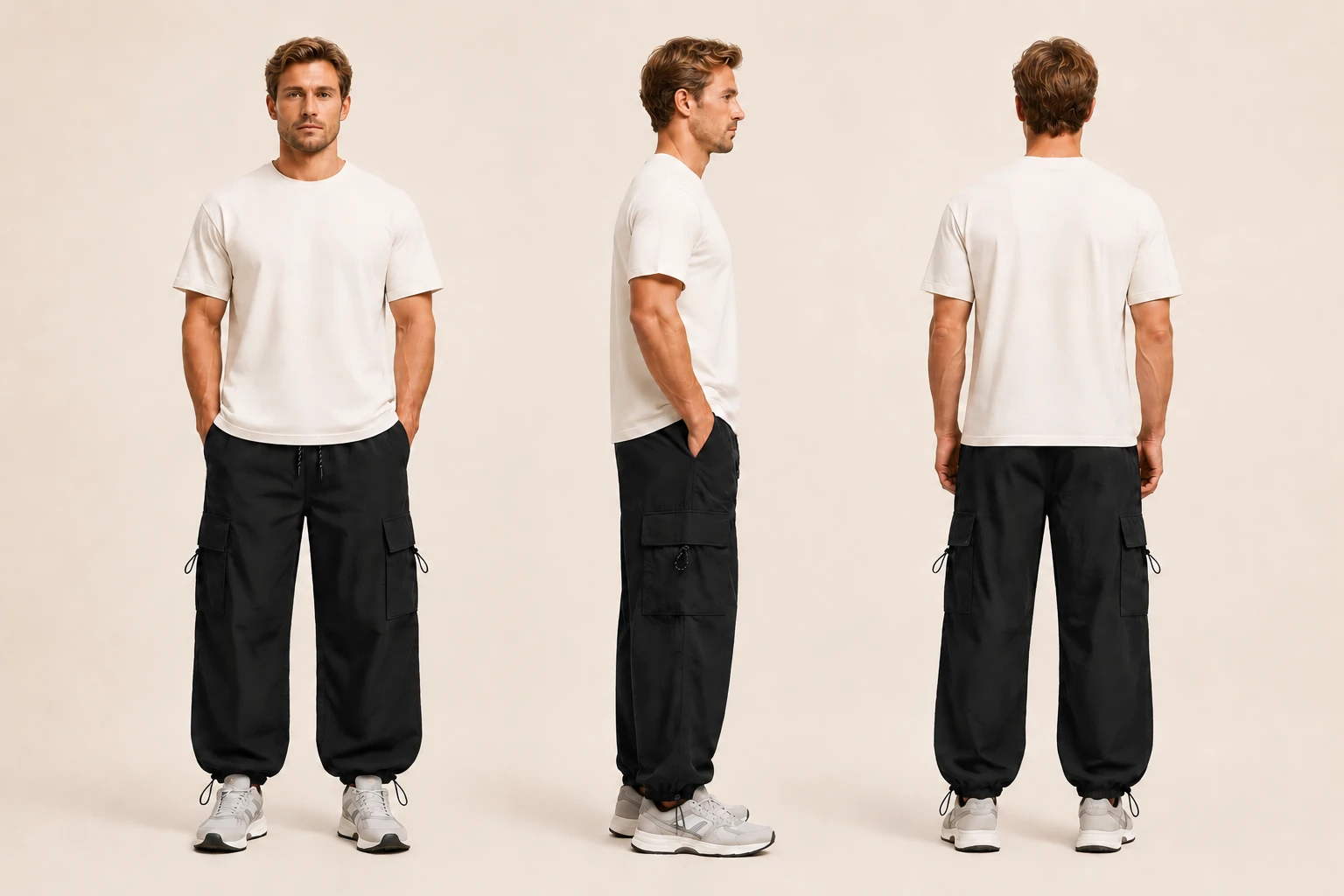 Complete front side and back views of the parachute cargo pants