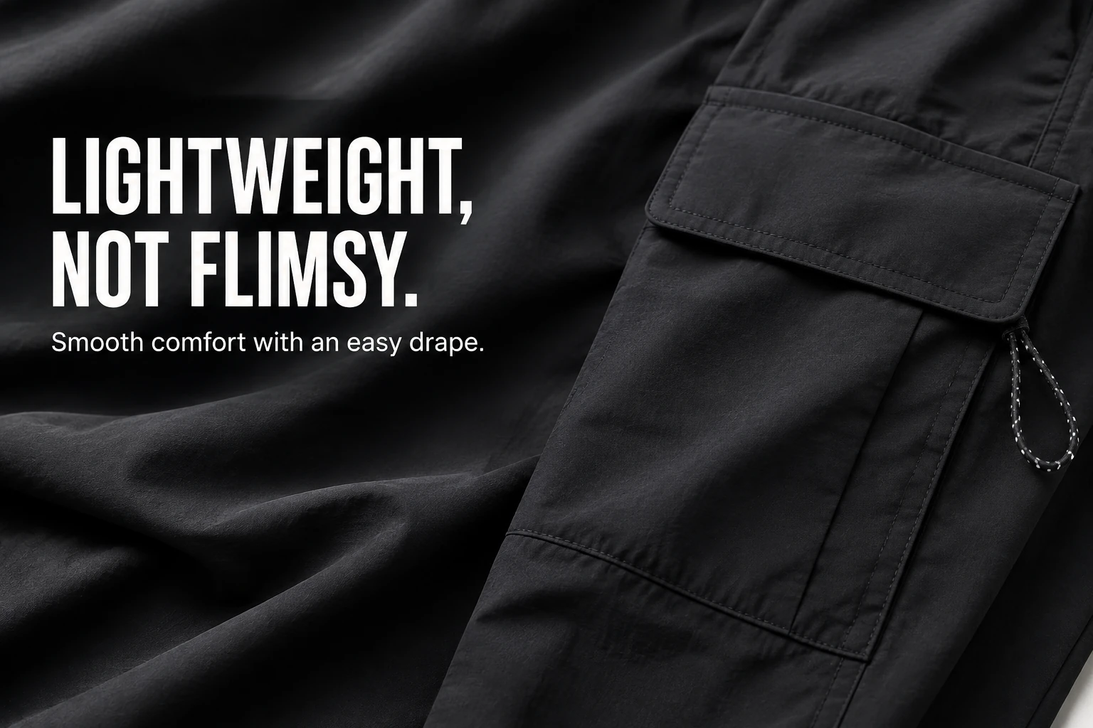 Close-up of the lightweight matte fabric and cargo pocket