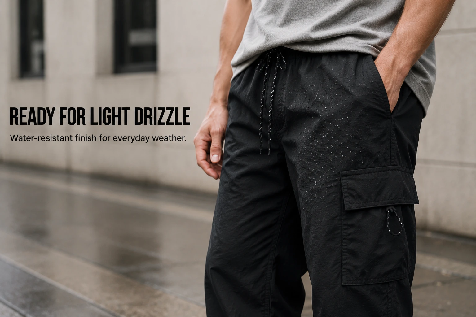 Water-resistant parachute cargo pants in light drizzle