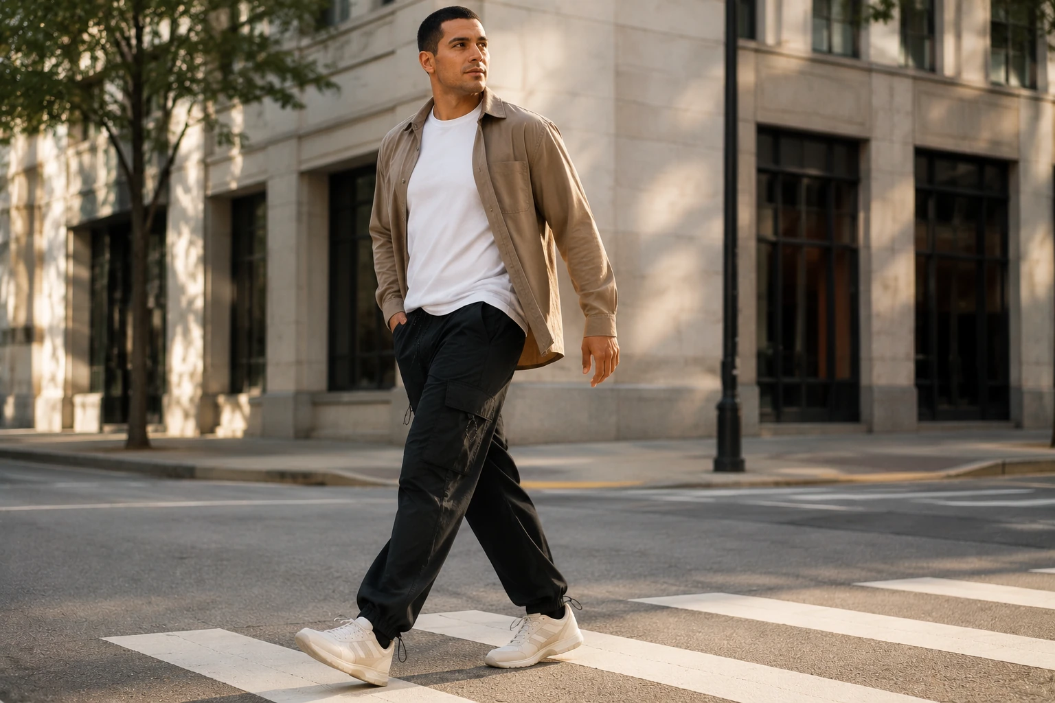Black parachute cargo pants styled in the city