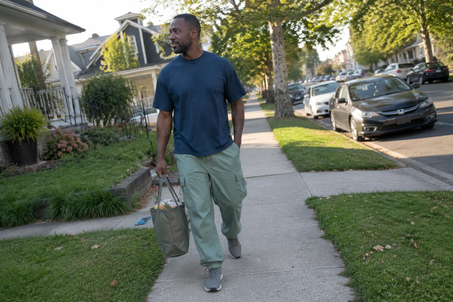 Celadon parachute cargo pants shown on a neighborhood walkway