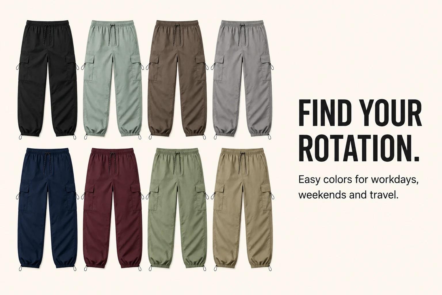 Choose from eight parachute cargo pants colors
