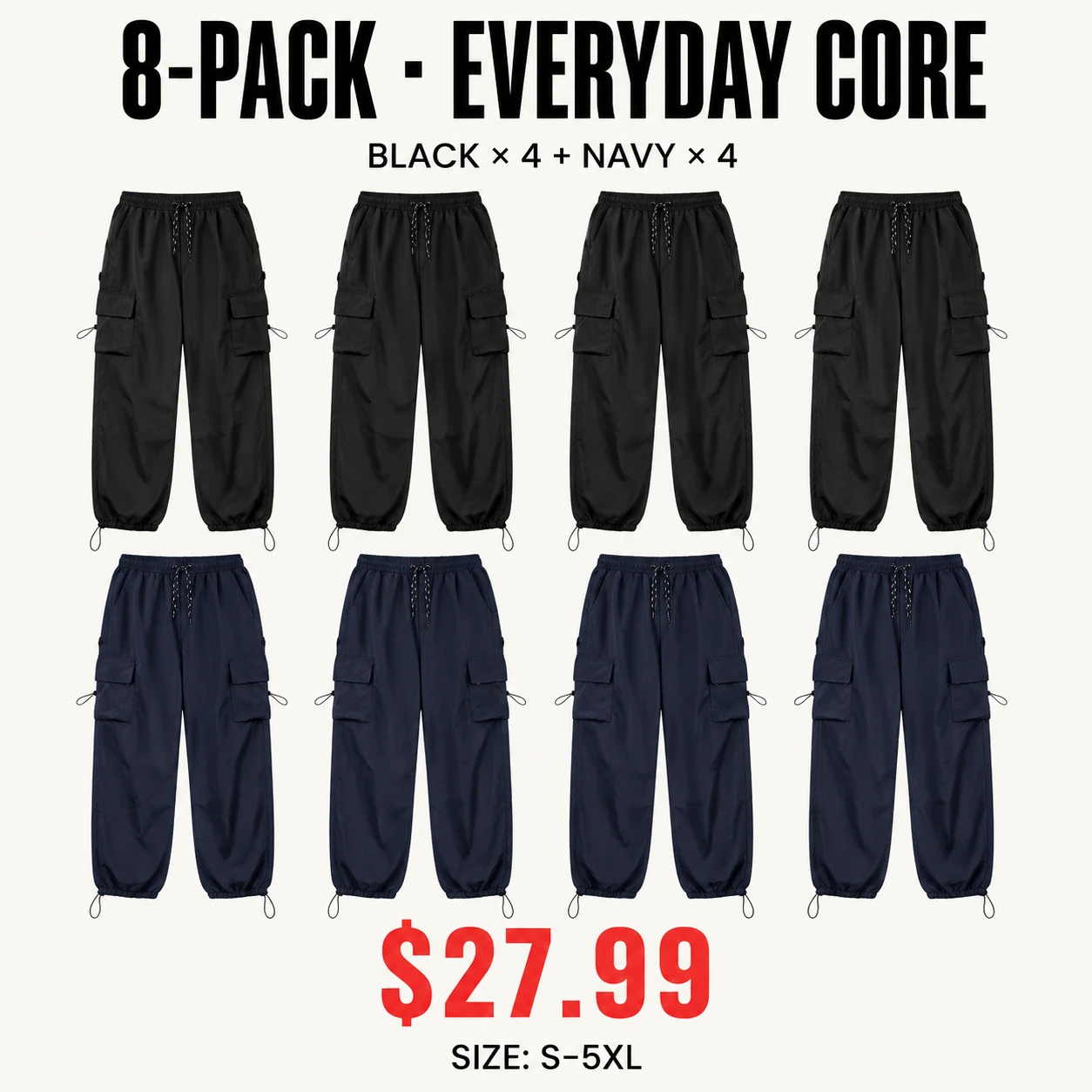 Eight-pack Everyday Core parachute cargo pants mix