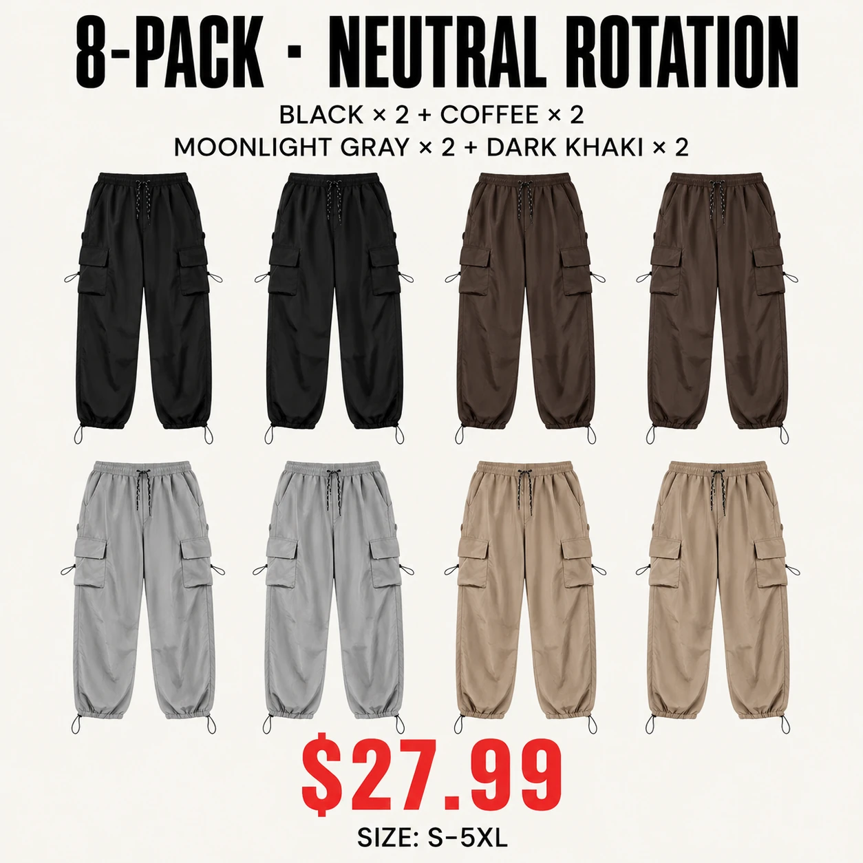 Eight-pack Neutral Rotation parachute cargo pants mix