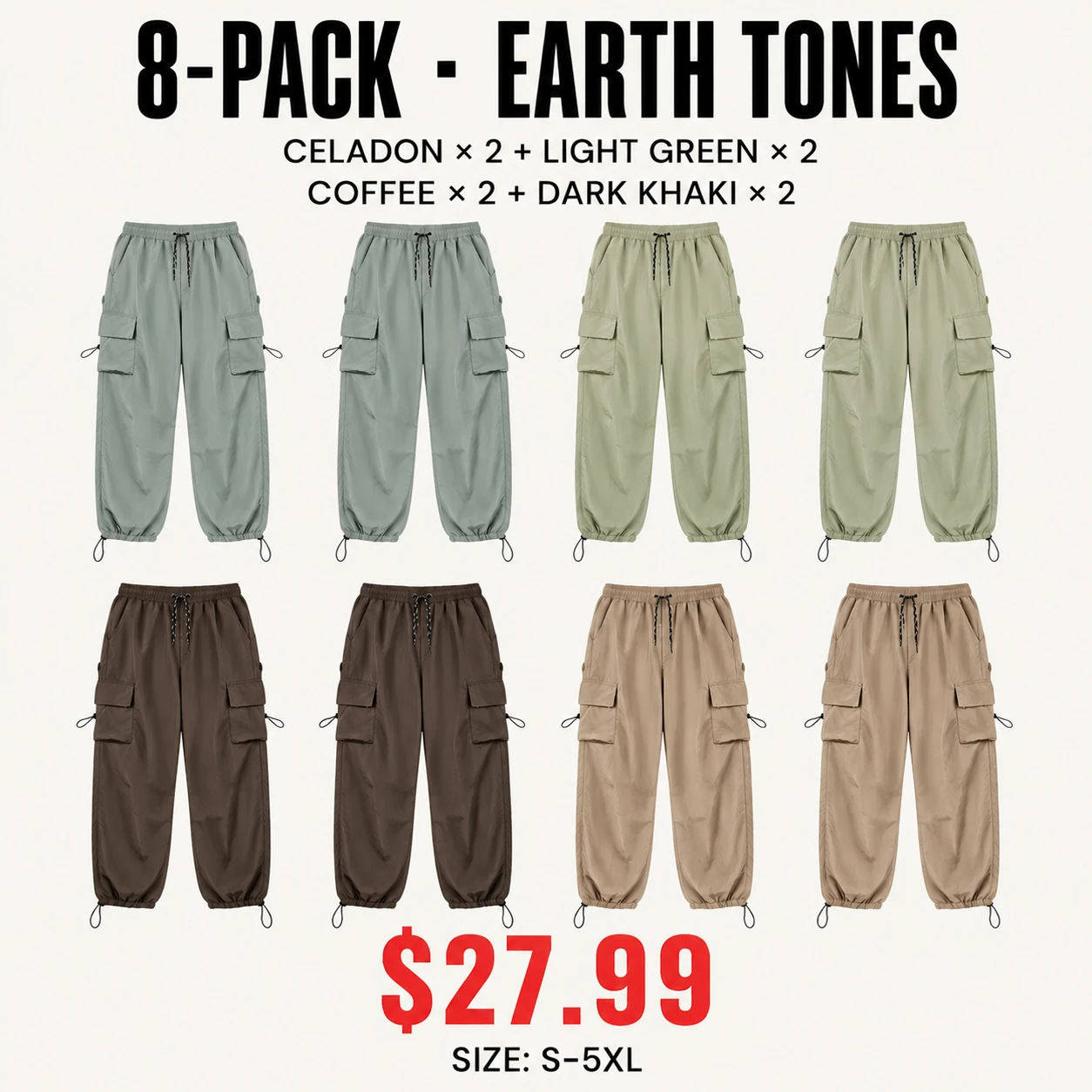 Eight-pack Earth Tones parachute cargo pants mix