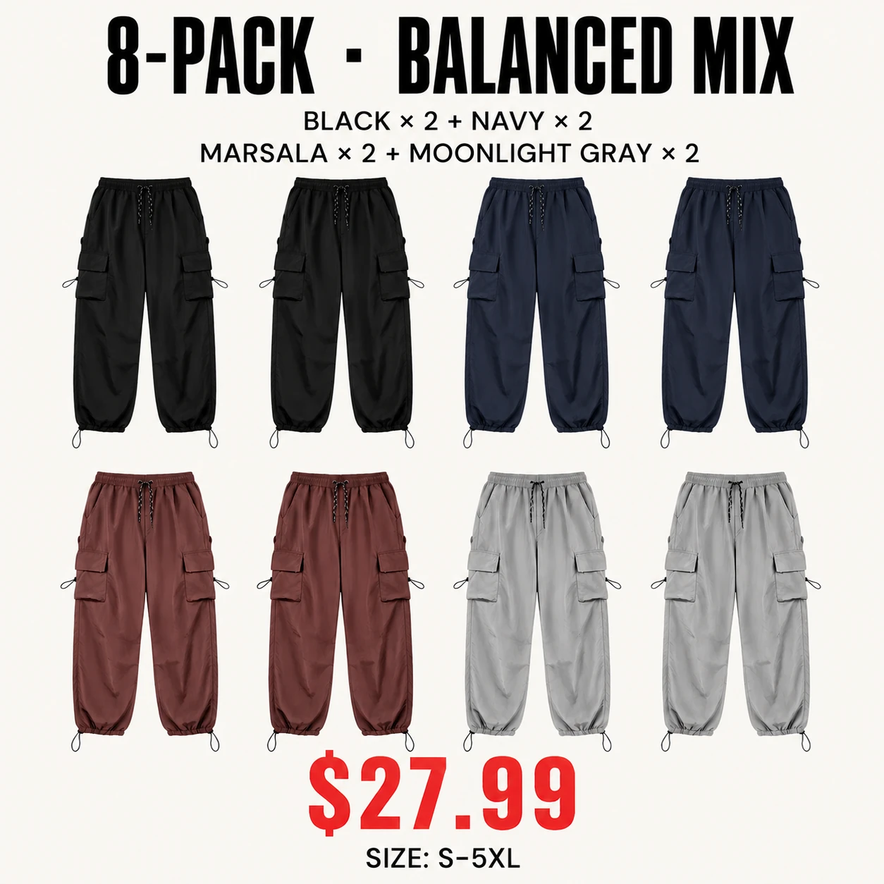 Eight-pack Balanced Mix parachute cargo pants mix