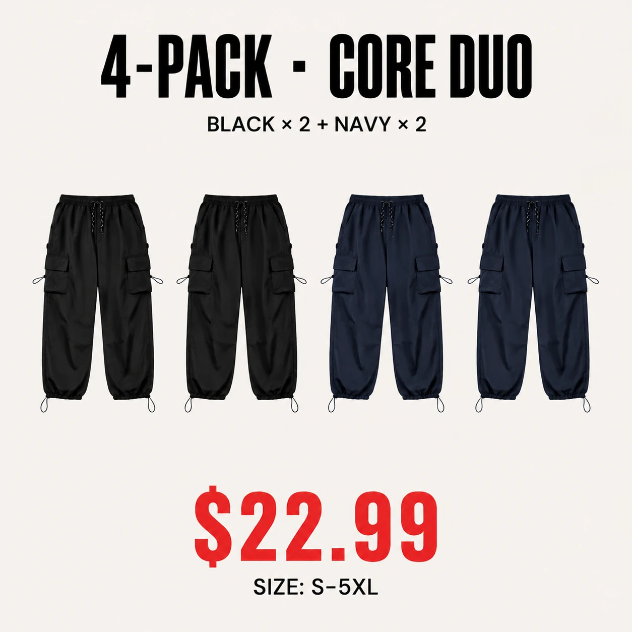 Four-pack Core Duo parachute cargo pants mix