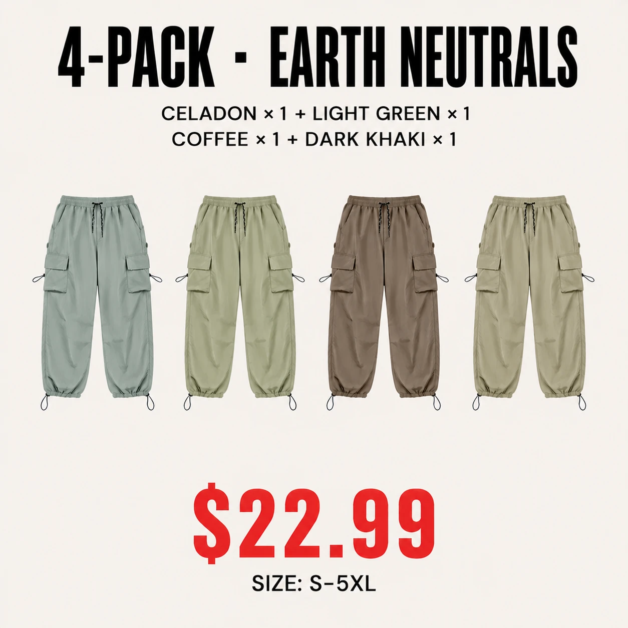 Four-pack Earth Neutrals parachute cargo pants mix