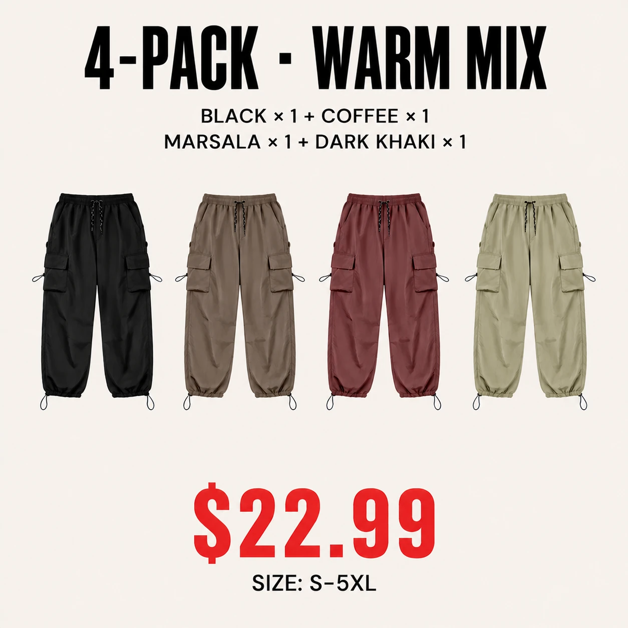 Four-pack Warm Mix parachute cargo pants mix