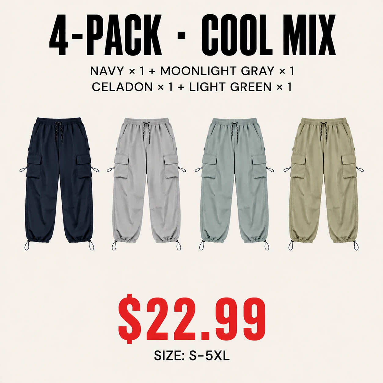 Four-pack Cool Mix parachute cargo pants mix