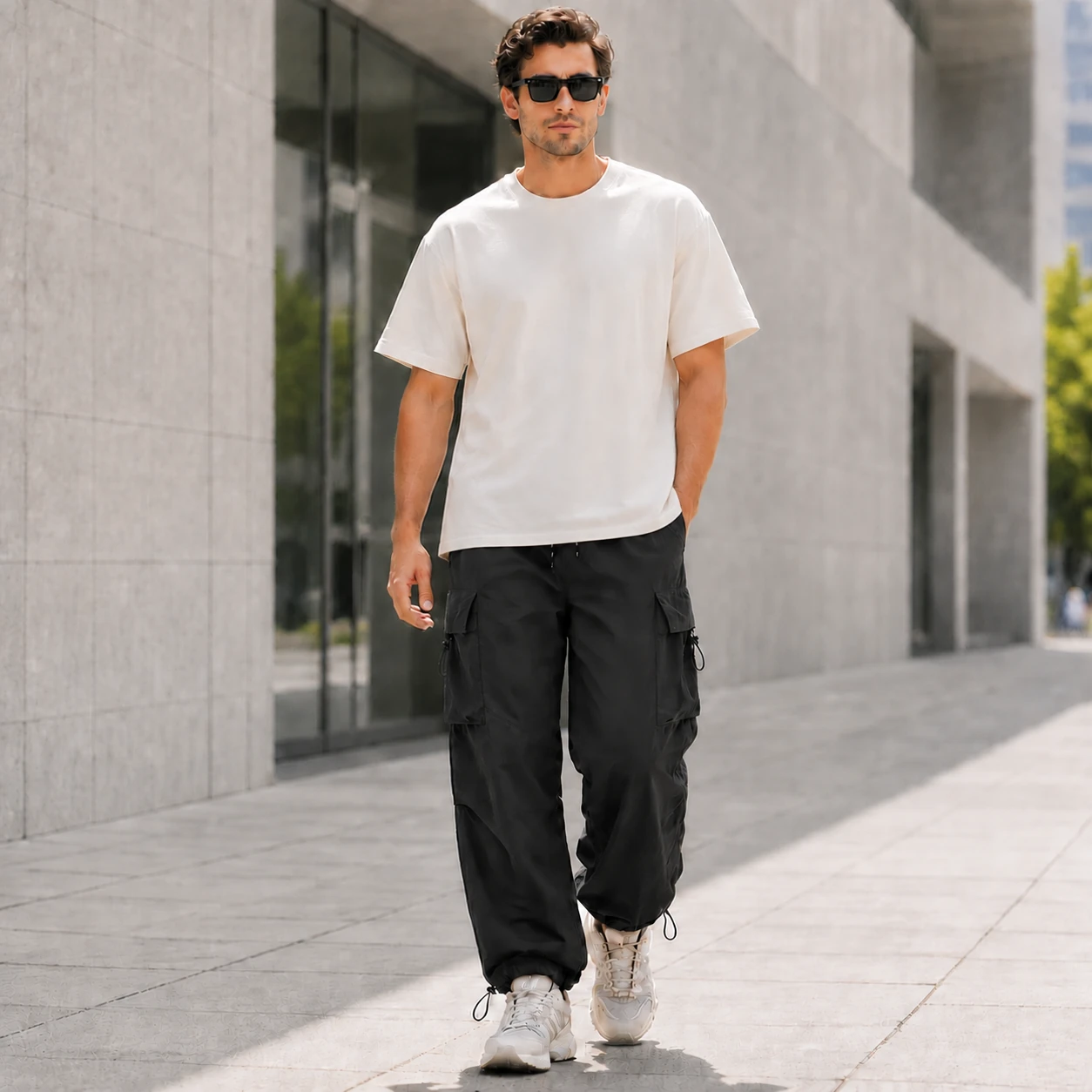 Men's black lightweight parachute cargo pants