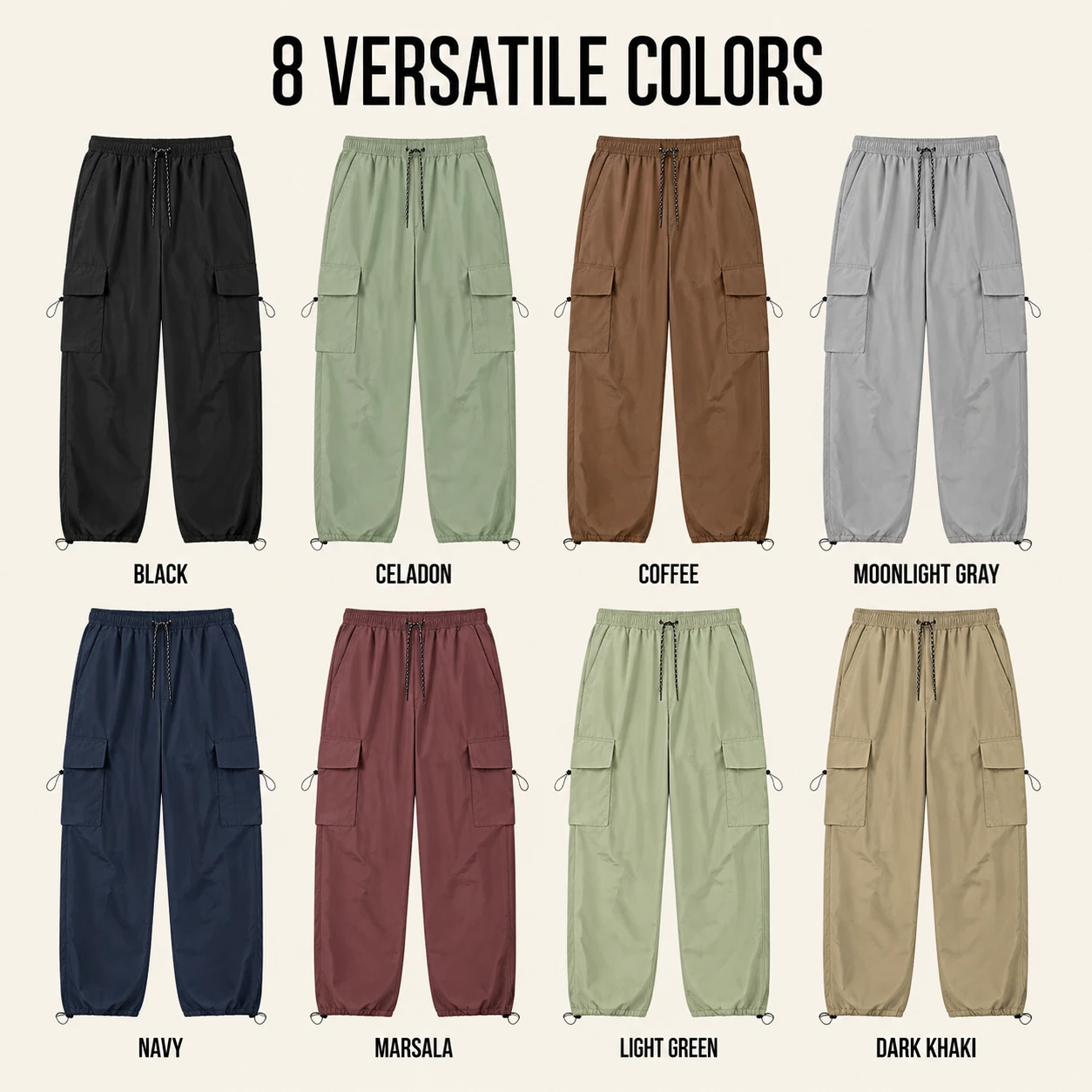 Eight available parachute cargo pants colors