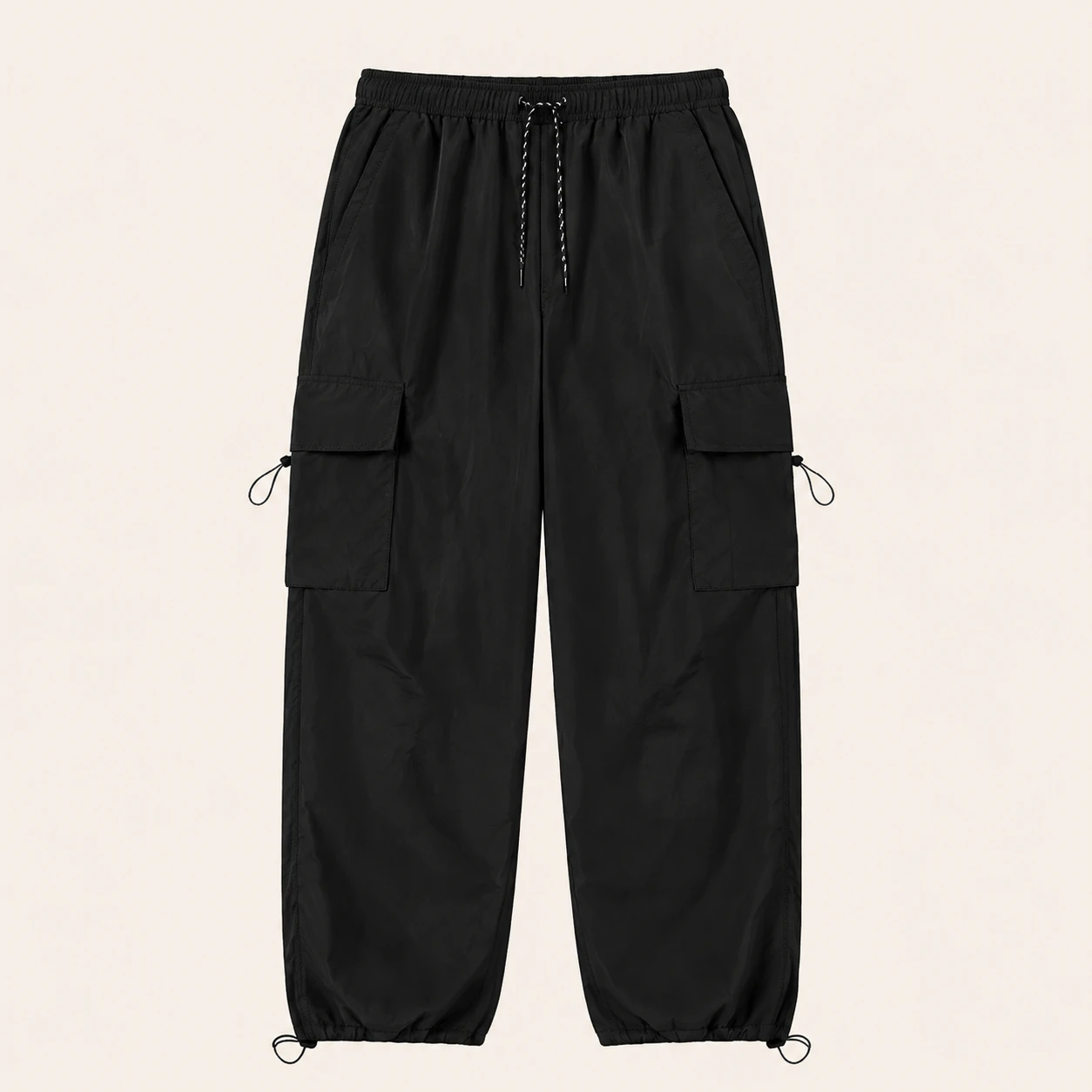 Black parachute cargo pants