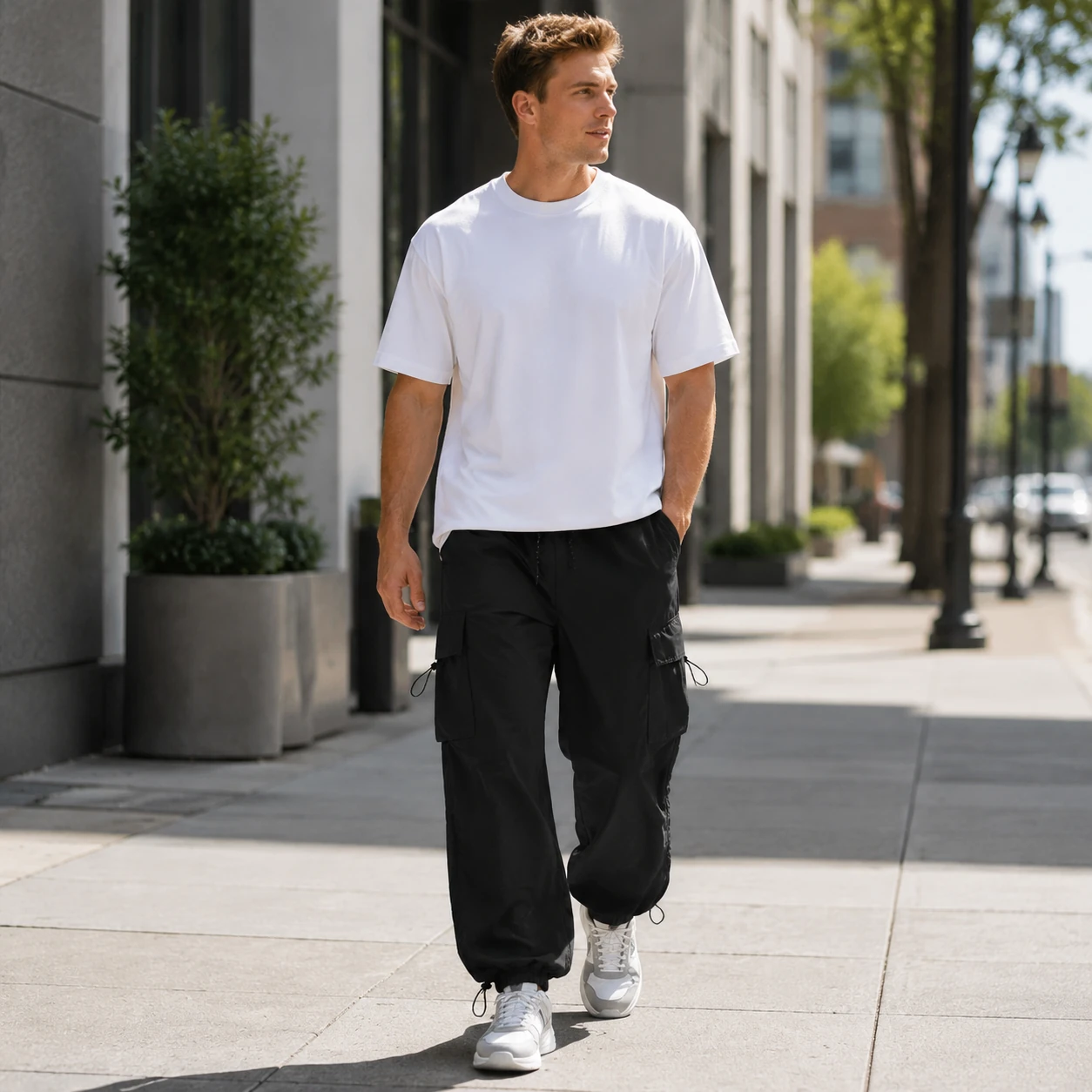 Front view of men's black parachute cargo pants