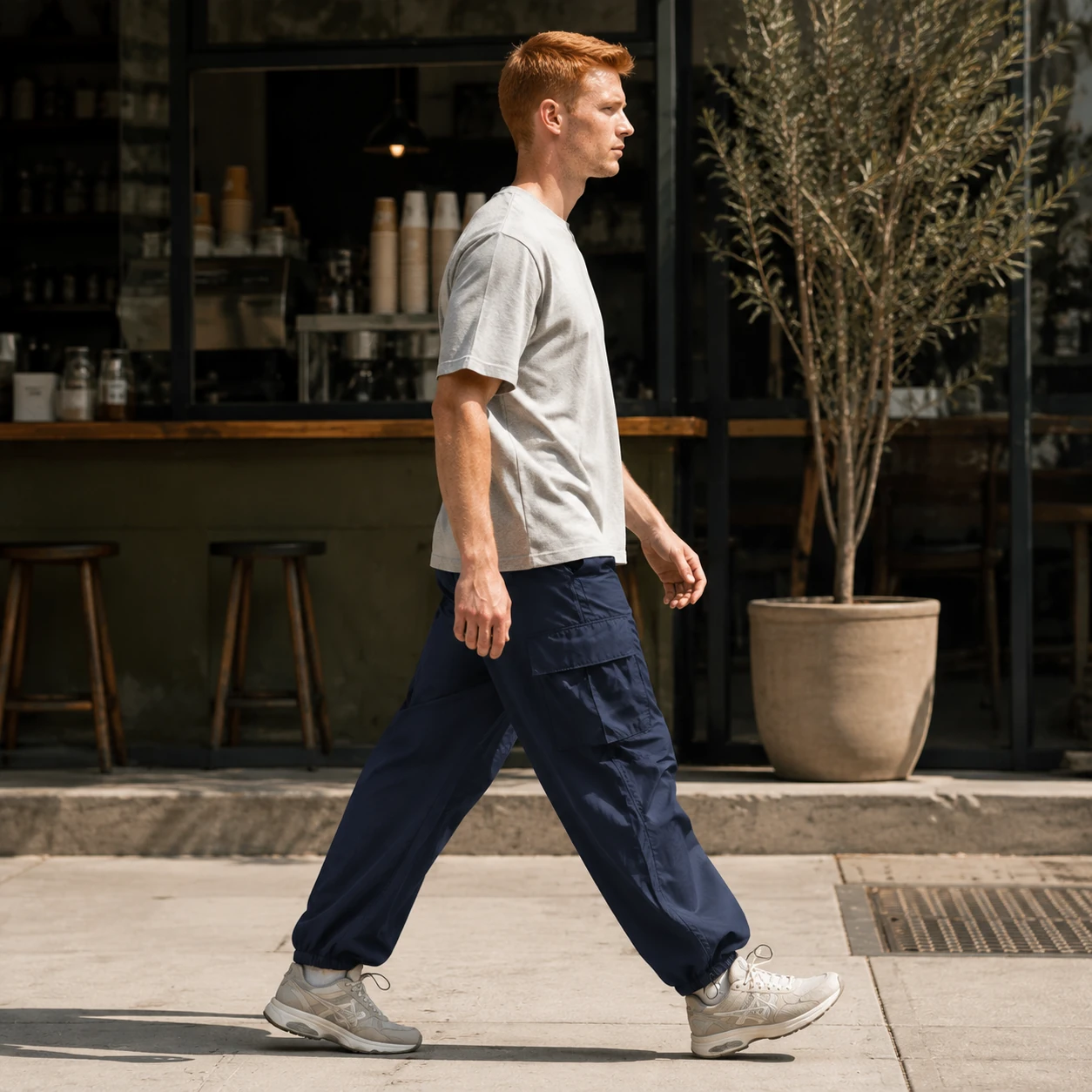 Side view of men's navy parachute cargo pants