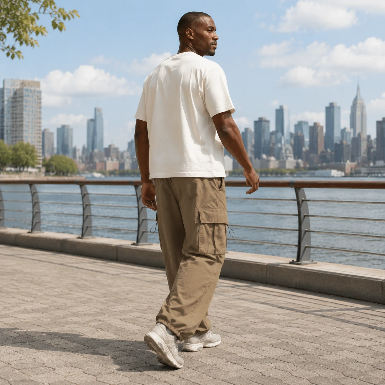 Back view of men's Coffee parachute cargo pants