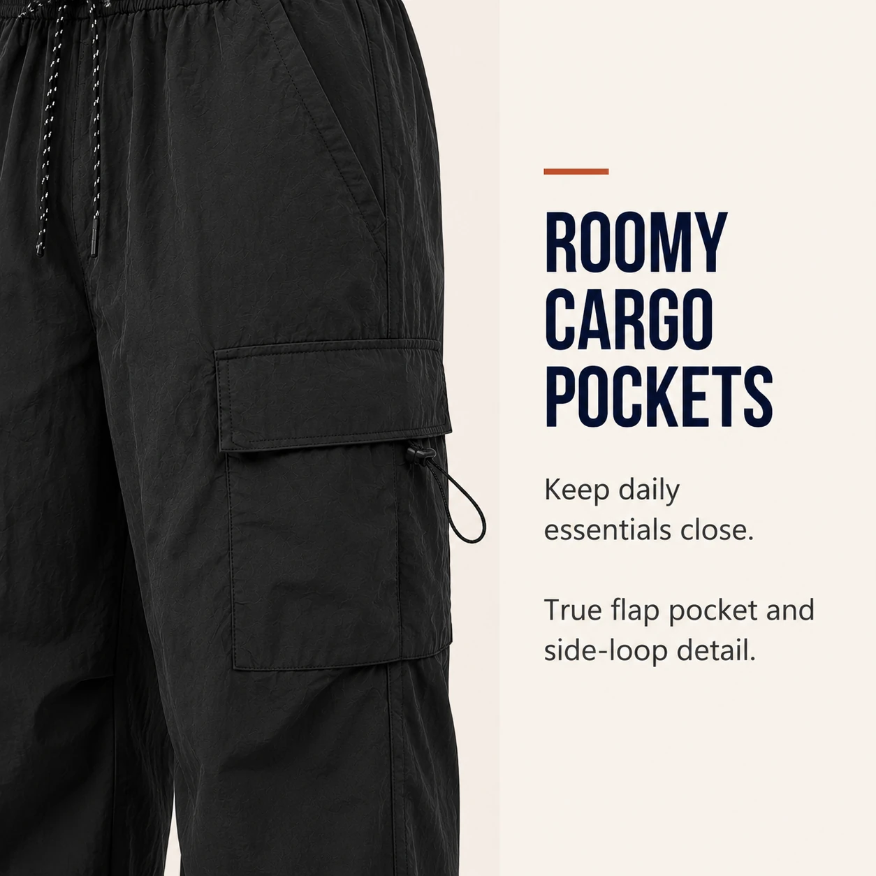 Flap cargo pocket and side cord-loop detail