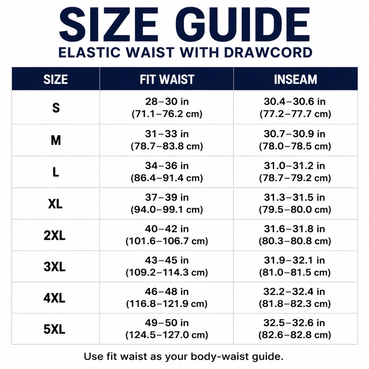 Men's parachute cargo pants size chart from S to 5XL