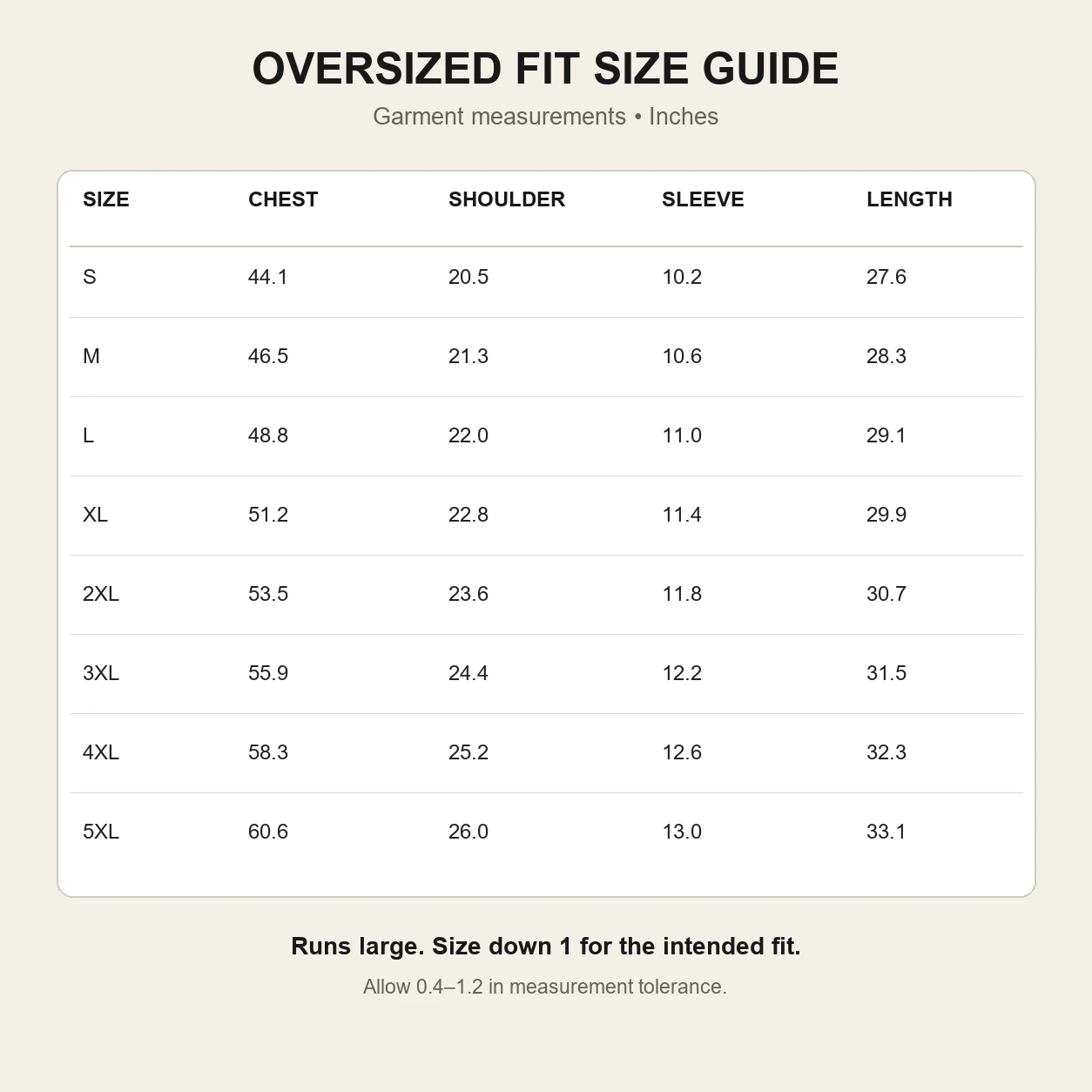 Oversized fit size guide S to 5XL