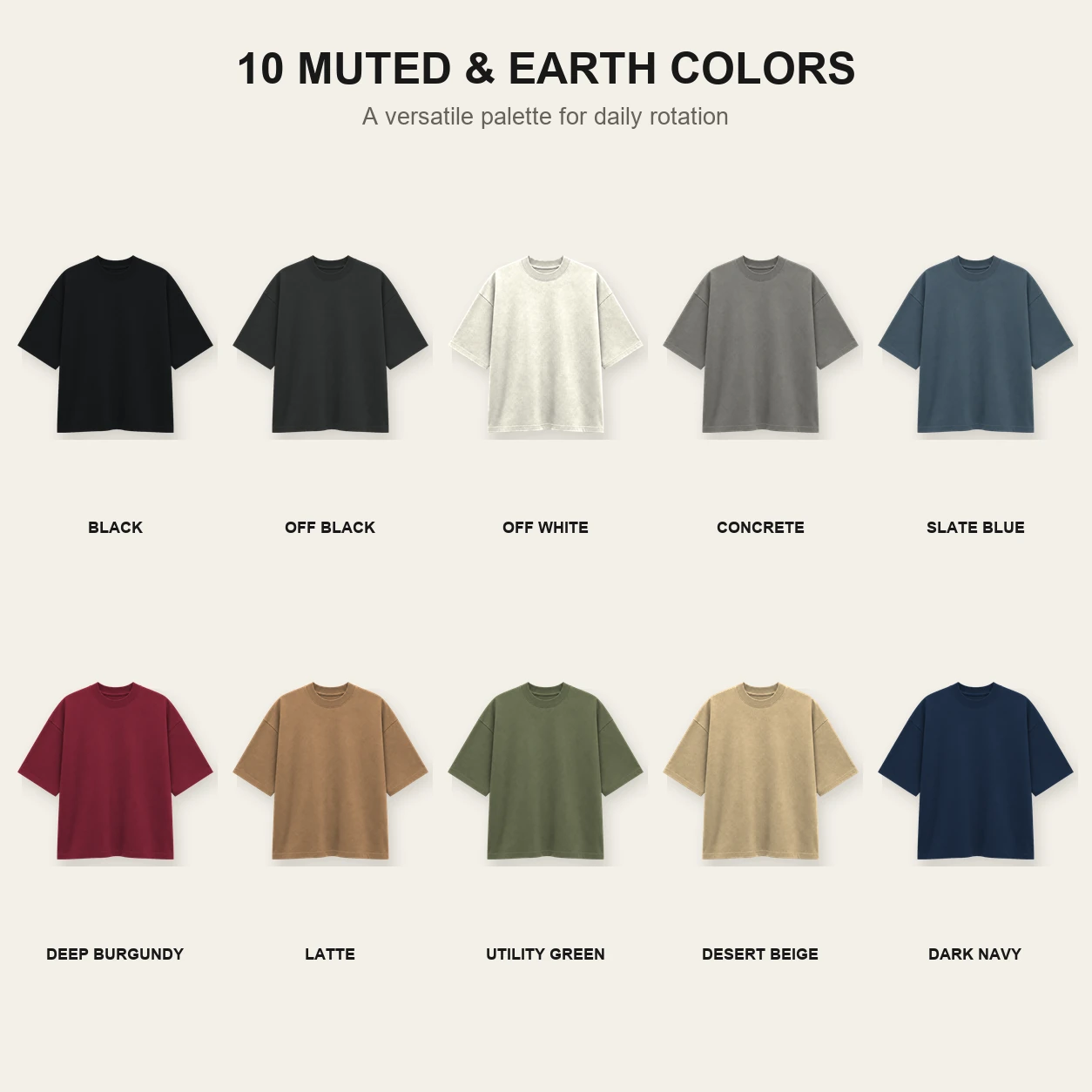 Ten muted and earth T-shirt colors in two rows