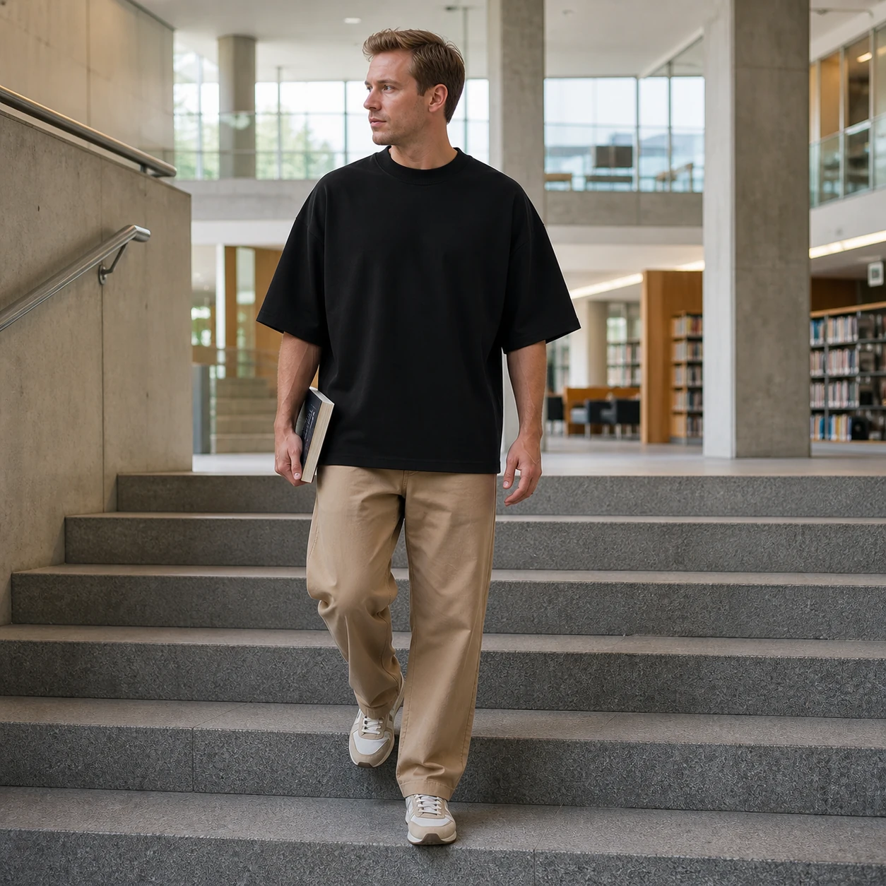 Black heavyweight oversized T-shirt in a library