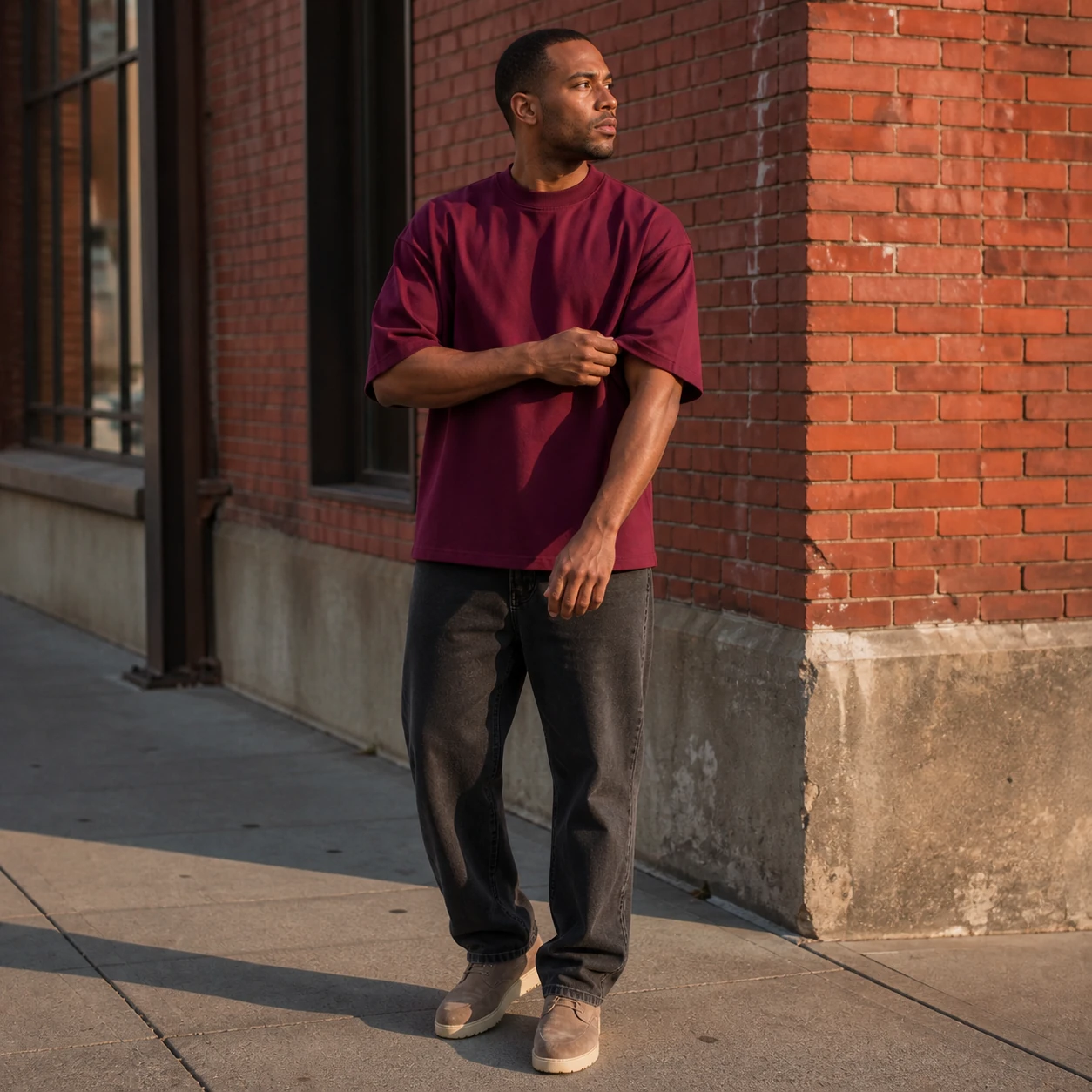 Deep Burgundy heavyweight oversized T-shirt by a brick building