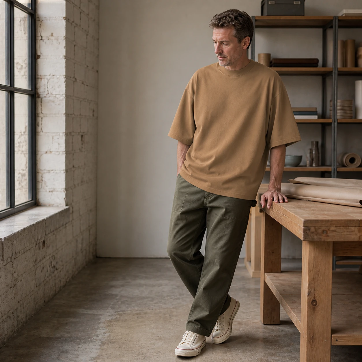 Latte heavyweight oversized T-shirt in a workshop