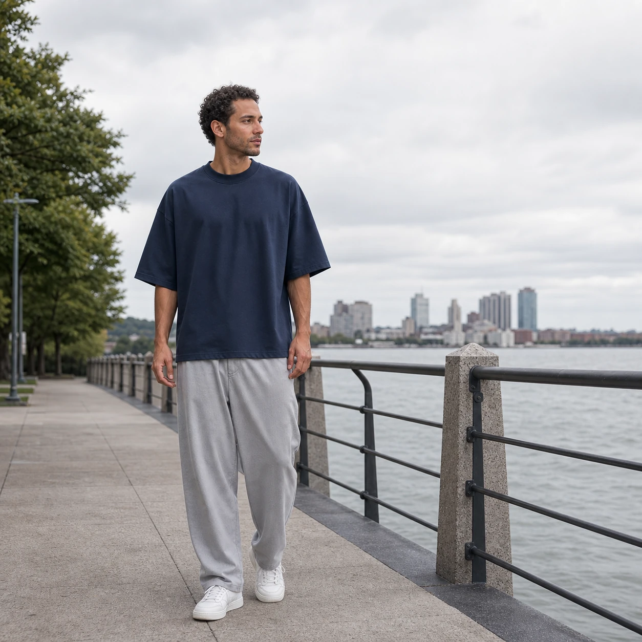 Dark Navy heavyweight oversized T-shirt at a waterfront