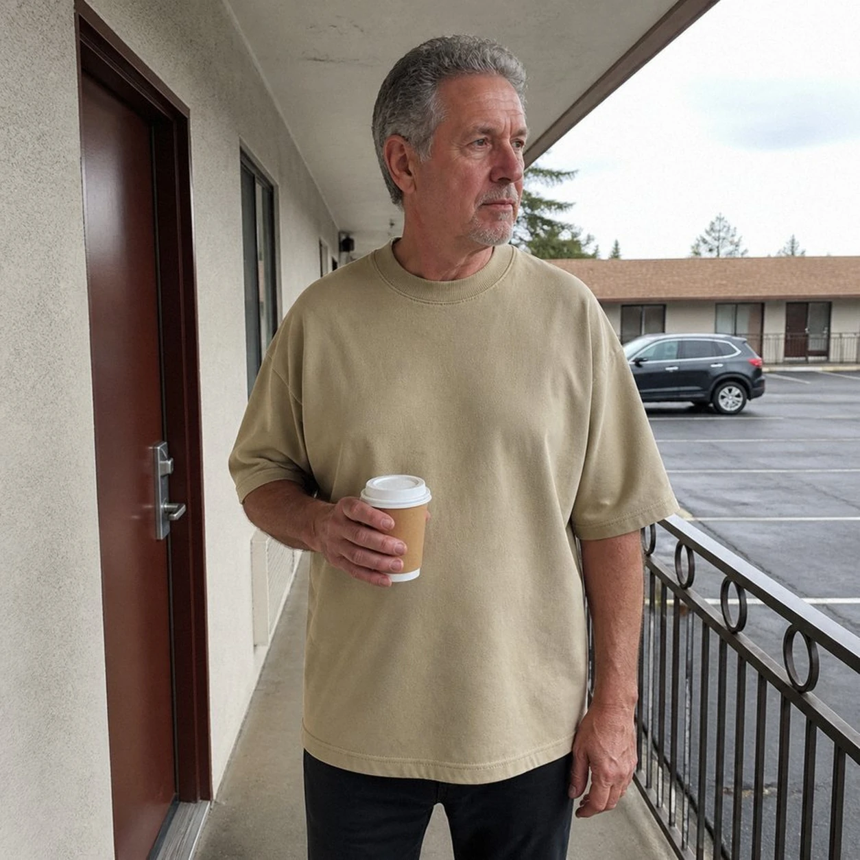 Casual phone snapshot of Desert Beige T-shirt at a roadside motel