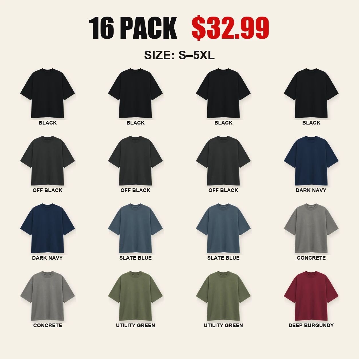 Sixteen-pack City and Utility heavyweight T-shirt color mix