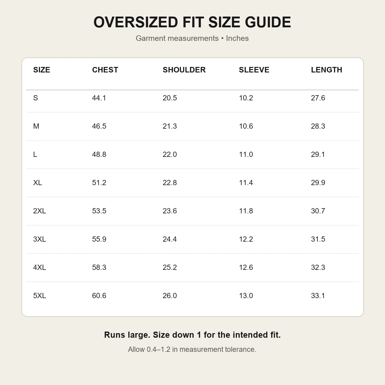 Men's Max Heavyweight oversized T-shirt size chart S to 5XL