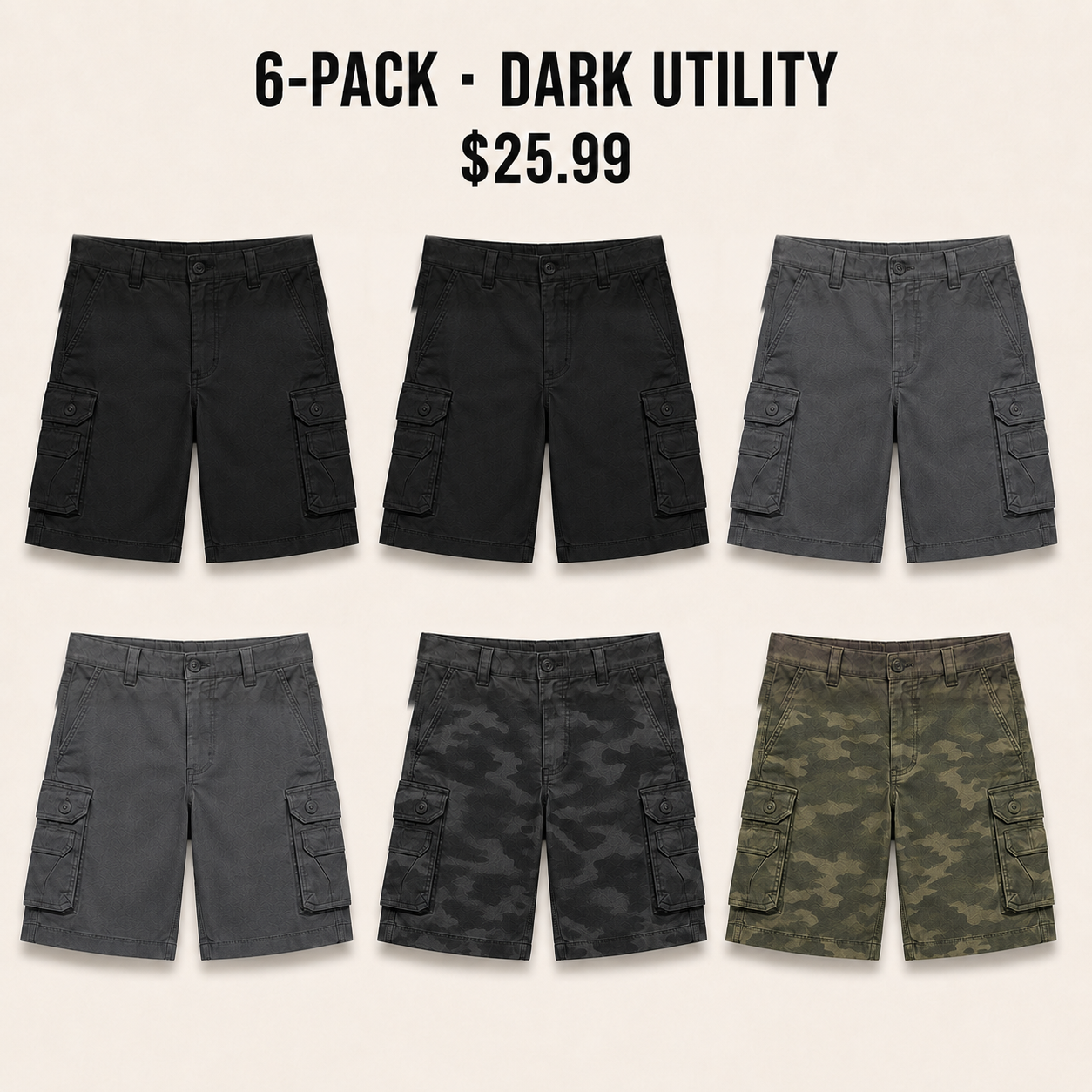 Six-pack Dark Utility cargo shorts