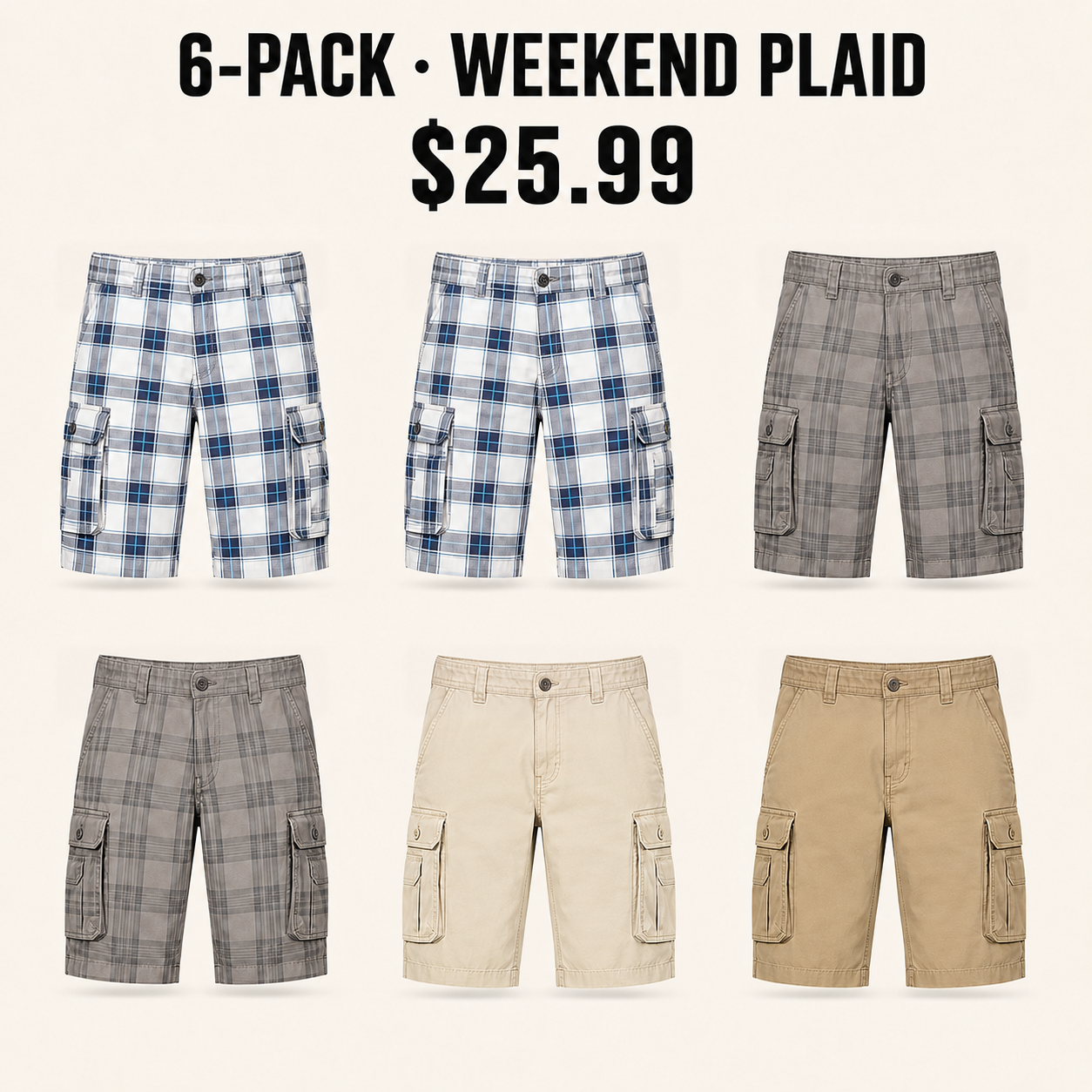 Six-pack Weekend Plaid cargo shorts