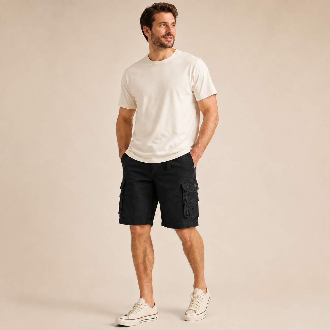 Men's black relaxed-fit cotton stretch cargo shorts