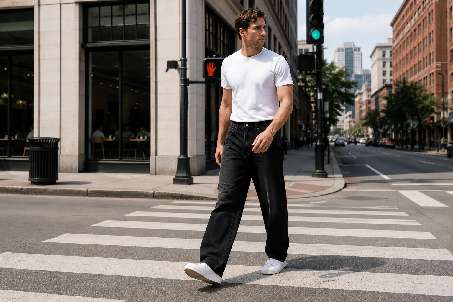 Black-gray jeans in a city setting