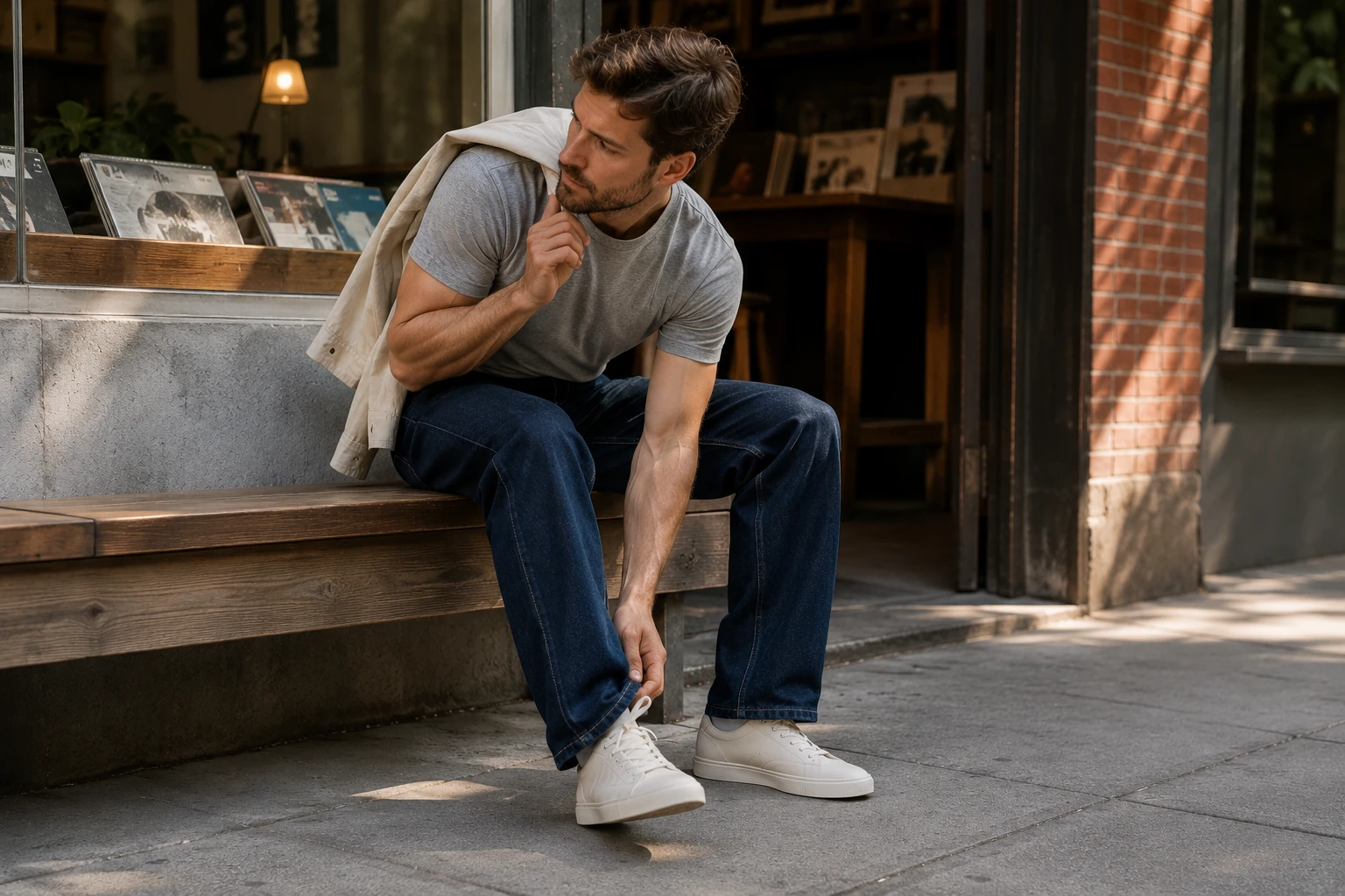 Dark Indigo jeans at a casual cafe