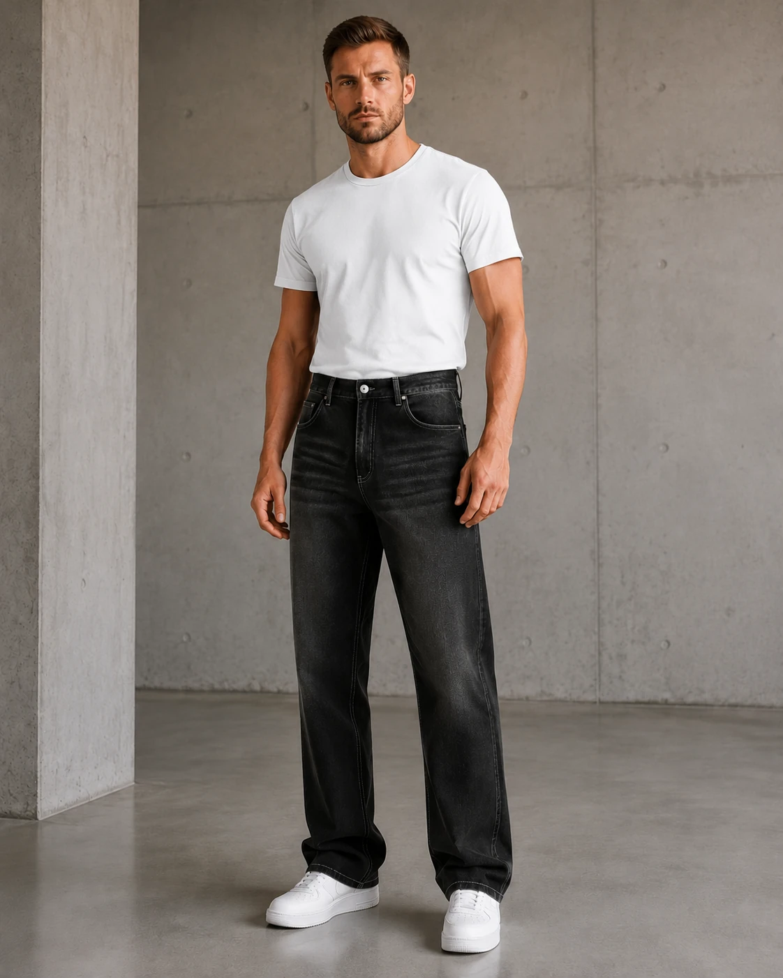 Men's black-gray vintage washed relaxed straight jeans