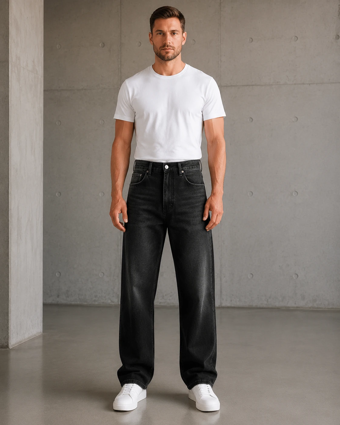 Front fit view of black-gray vintage washed jeans