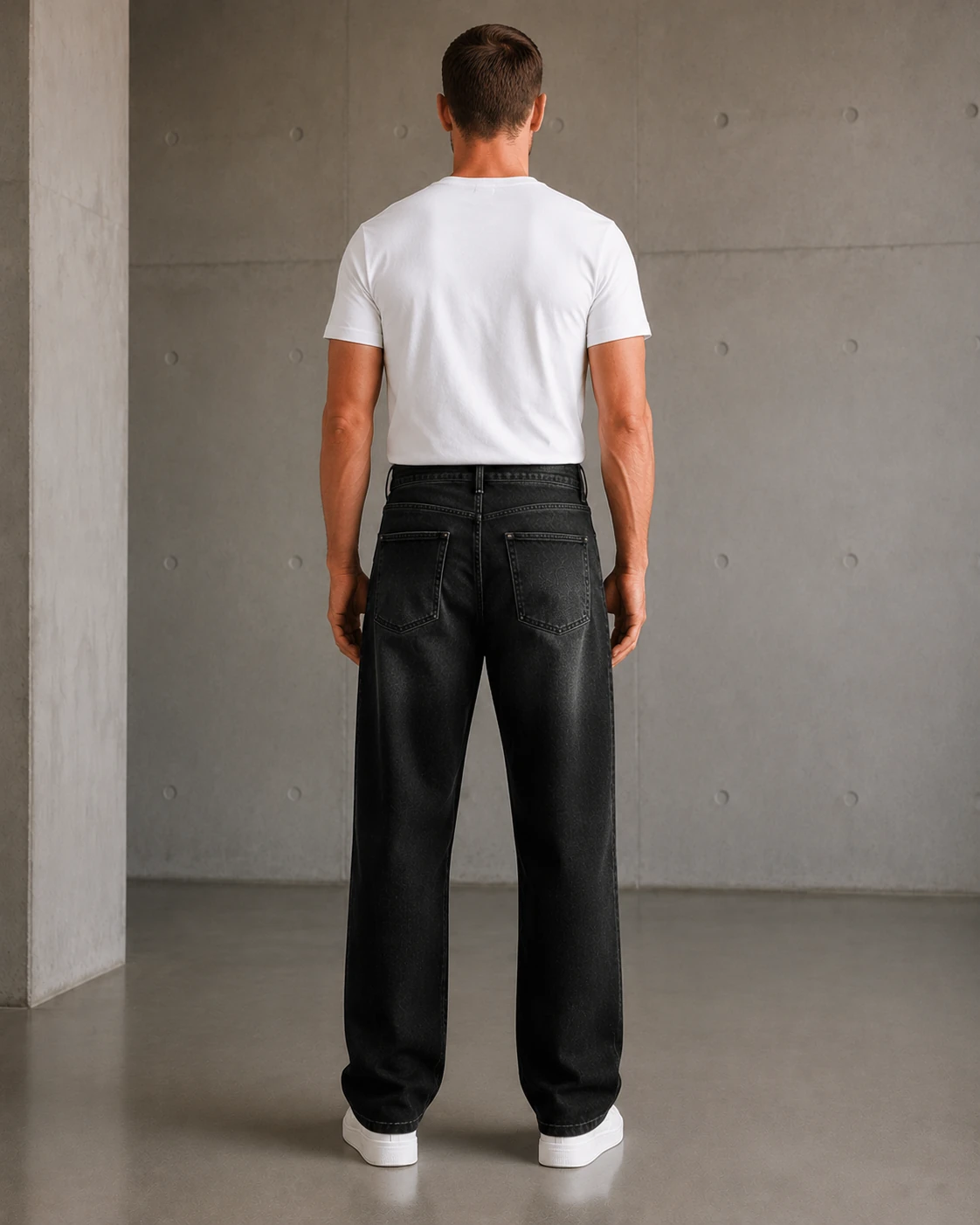 Back fit view of black-gray vintage washed jeans