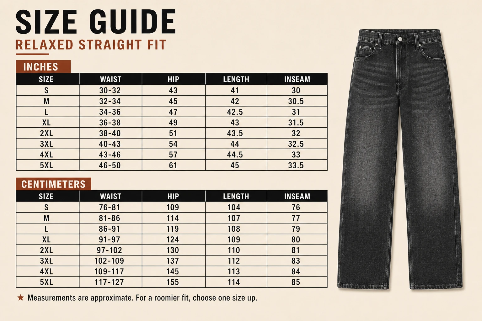 Men's jeans size guide S to 5XL in inches and centimeters