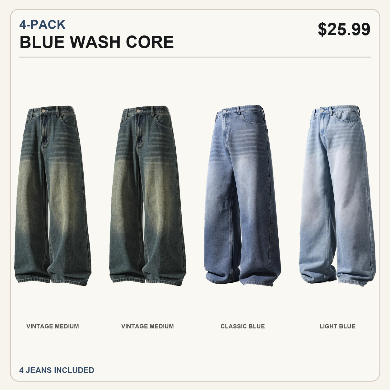 Four-pack Blue Wash Core wide-leg jeans