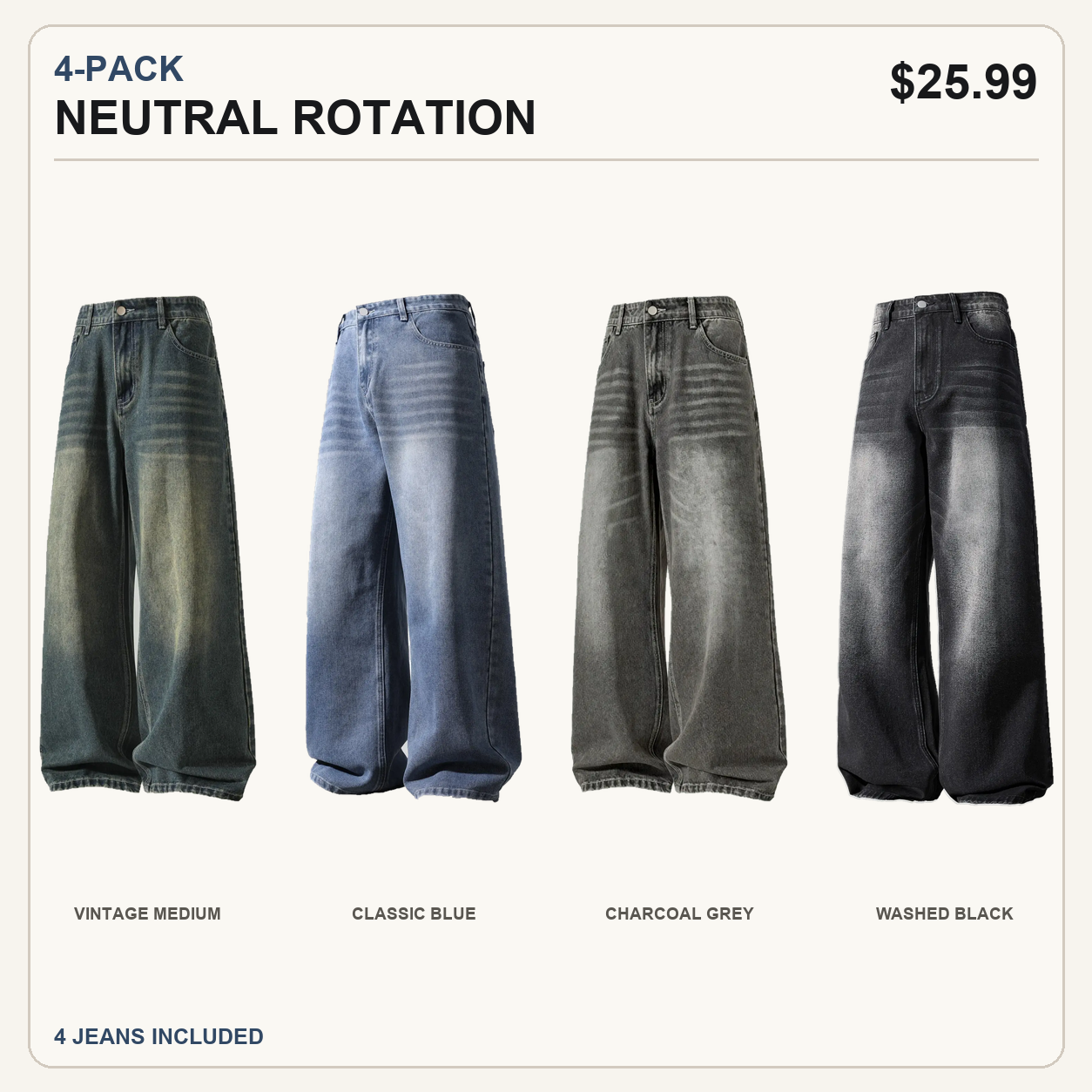 Four-pack Neutral Rotation wide-leg jeans