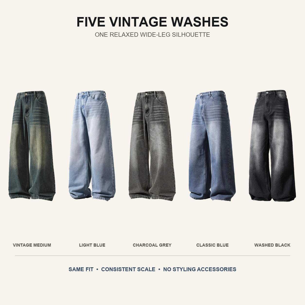 Five vintage washes for loose wide-leg jeans